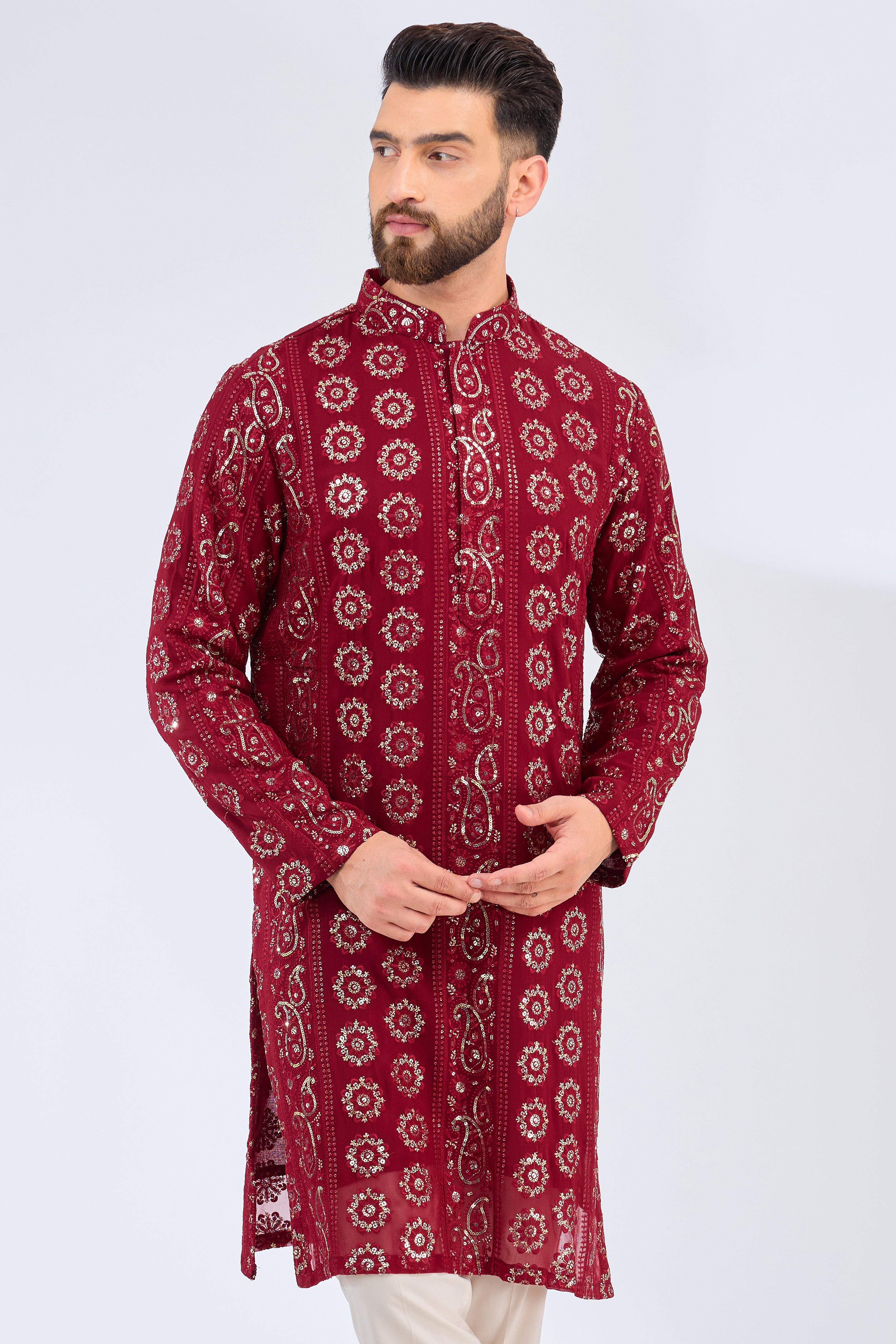 Elegant Maroon & Red Chikankari Kurta with Sequin Embellishments - Perfect for Festivals, Weddings & Ethnic Occasions