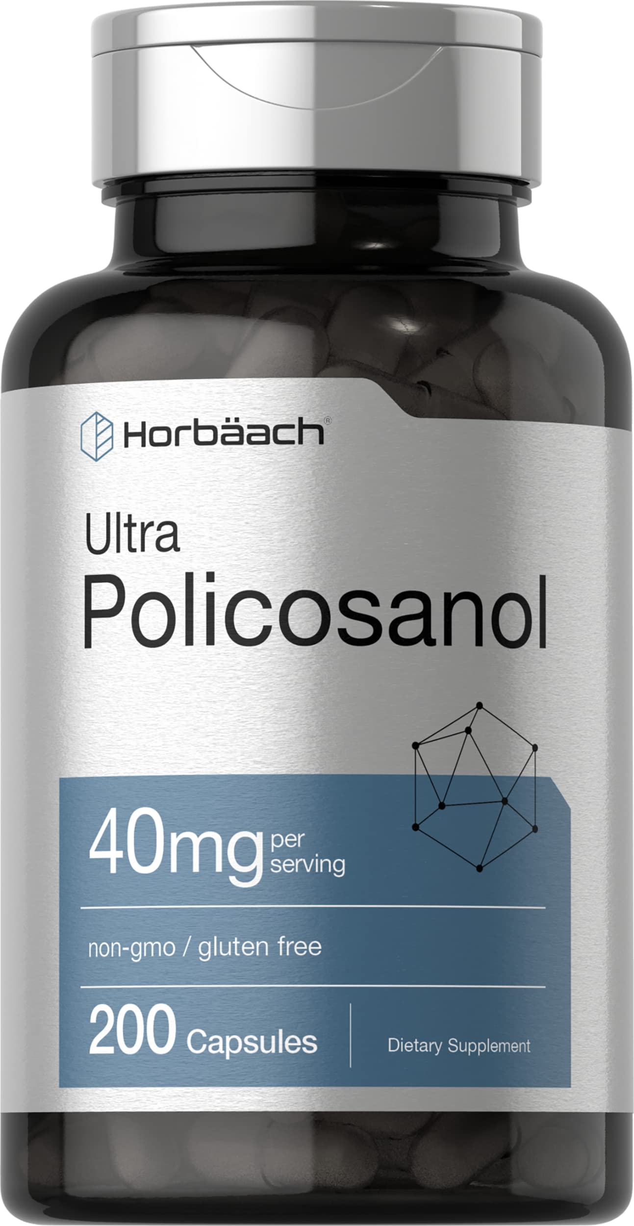 Horbäach Policosanol 40mg | 200 Capsules | Non-GMO, Gluten Free Supplement for Heart Health & Cholesterol Support | Supports Cardiovascular Wellness Naturally