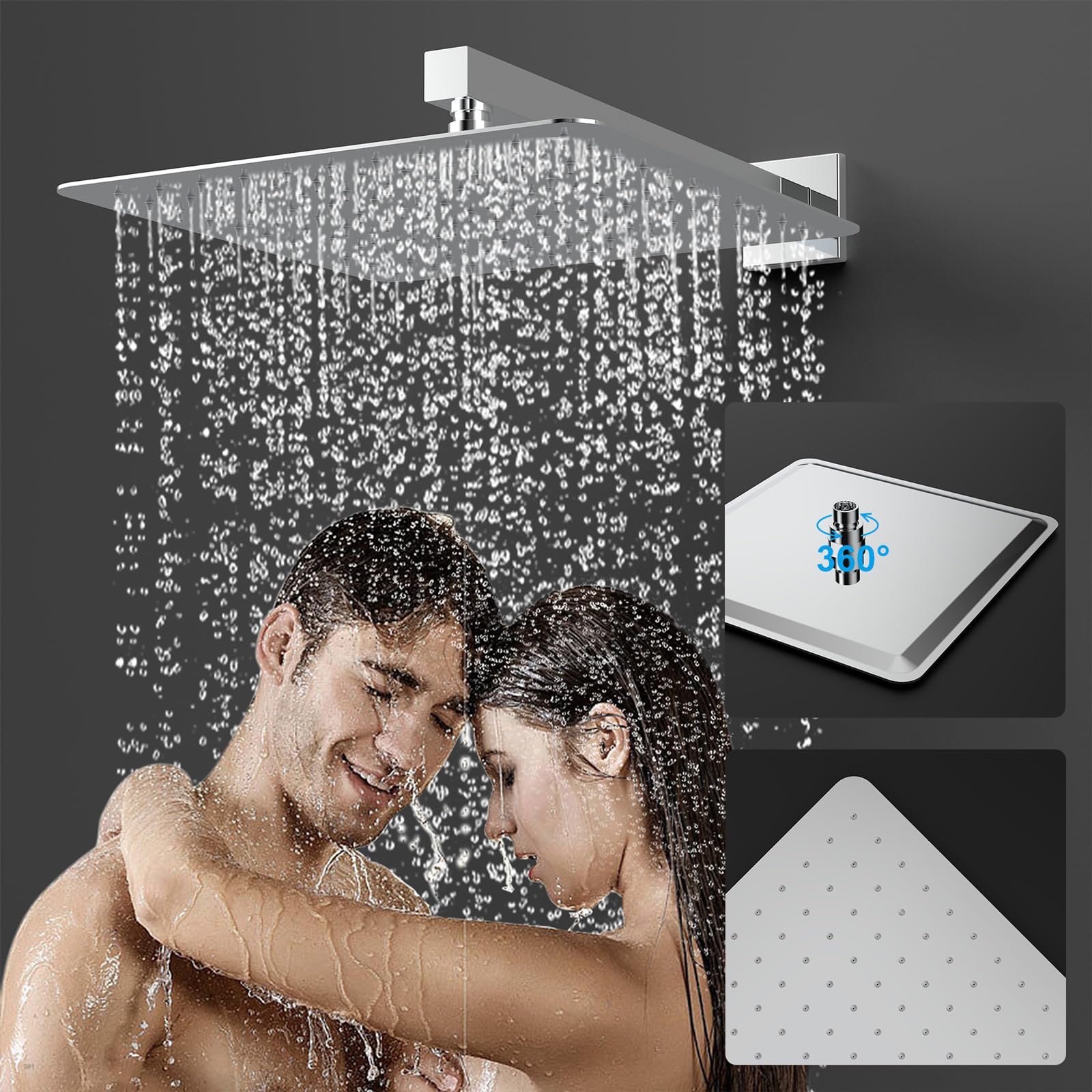 Modern Brass Rain Shower System with Valve & Diverter - High Pressure Square Rainfall Showerhead & Handheld Spray - 12