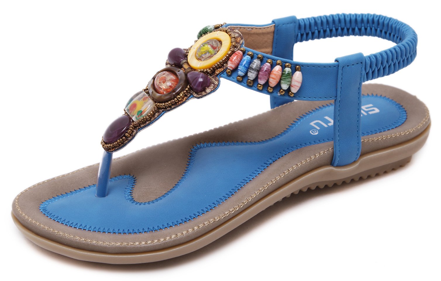 Stylish Summer T-Strap Flat Sandals for Women - Open Toe Thong Sandals with Beaded Gemstone Decorations | Comfortable Beach Shoes for Vacation, Pool Party & Casual Outings
