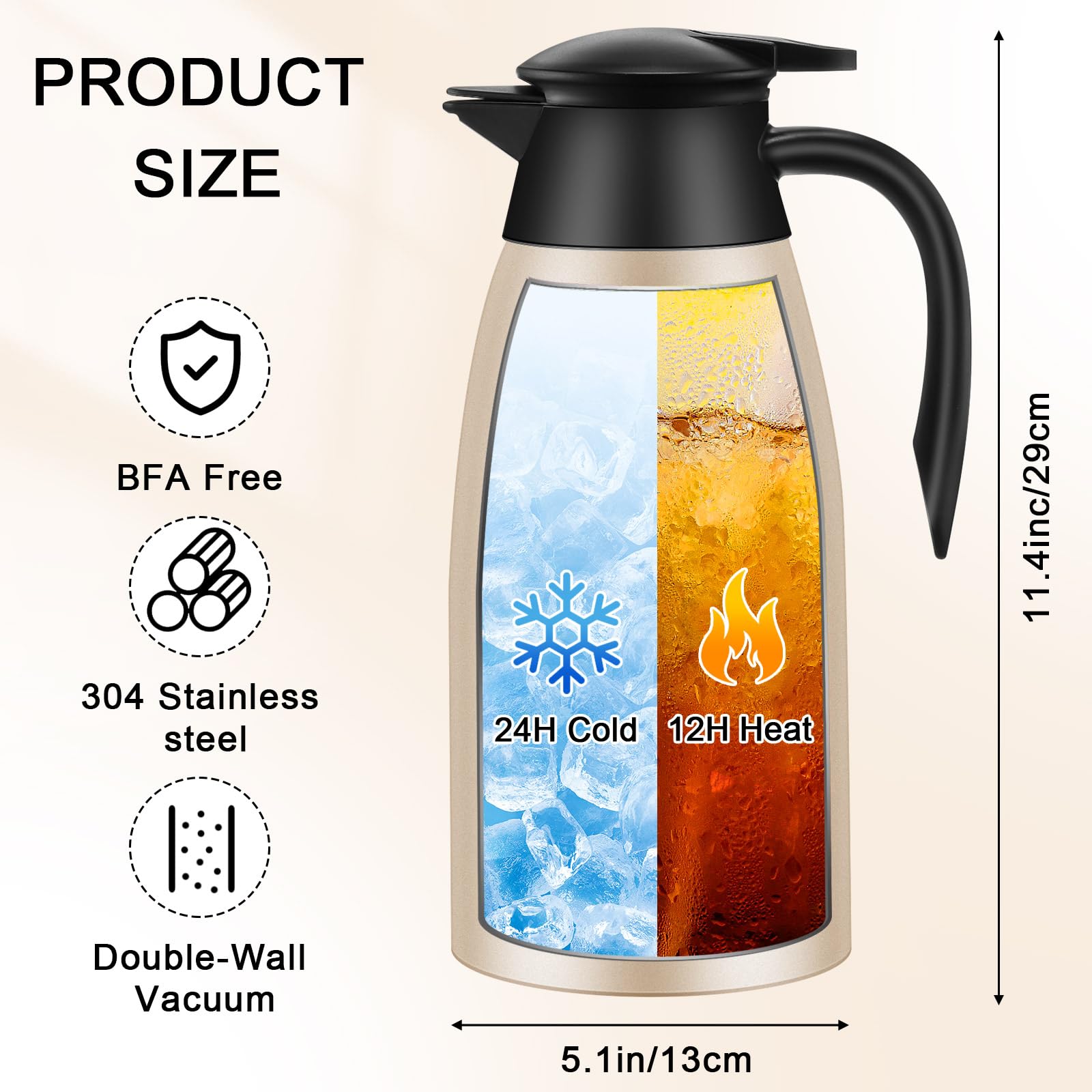 Uiifan 2 Pack 68oz Stainless Steel Thermal Coffee Carafe - Double Wall Vacuum Insulated Hot Beverage Dispenser for Coffee, Tea, Milk & Creamer - Includes Cleaning Brush (Silver & Champagne) - Perfect for Home, Office, Restaurants & Catering Events