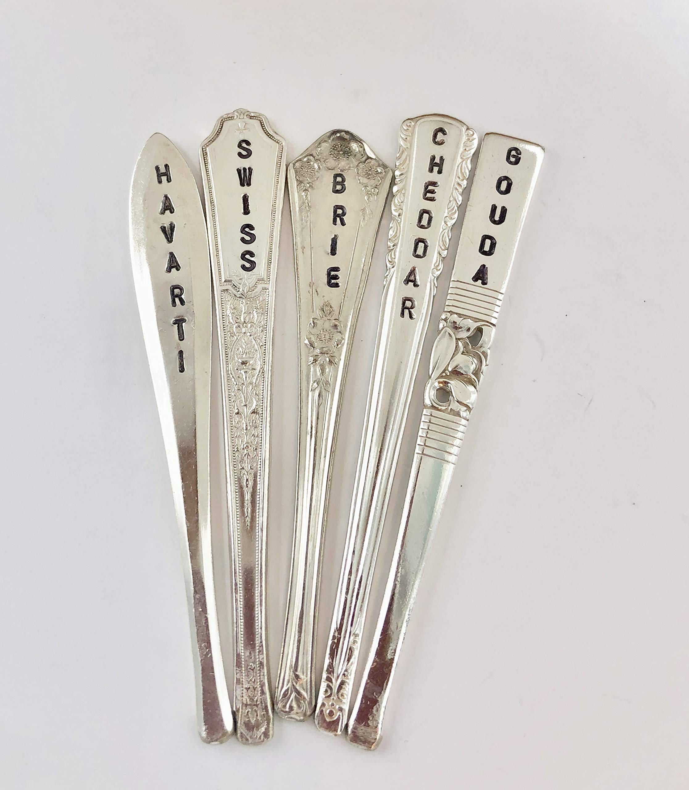 Custom Cheese Markers Set of 5 - Engraved Silver Plate Cheese Spoons with Personalized Cheese Names - Perfect for Wine & Cheese Parties, Charcuterie Boards & Gourmet Gift Giving