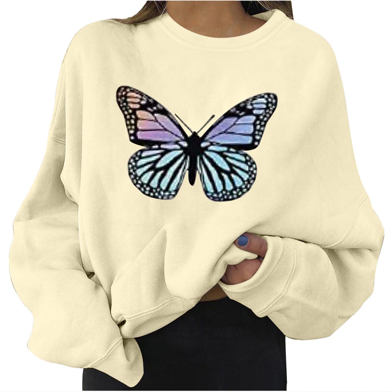 Trendy Women's Butterfly Print Sweatshirt - Aesthetic Graphic Crewneck Oversized Long Sleeve Top for Casual Wear | Perfect for Street Style, Coffee Dates & Fall Layering