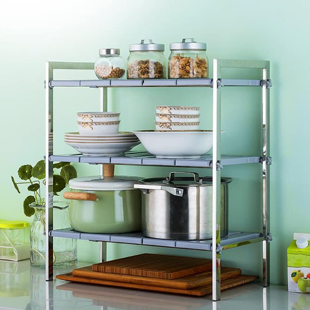 TOMYEUS 3-Tier Stainless Steel Kitchen Storage Rack - Expandable Microwave Oven Shelf, Space Saving Organizer for Sink, Countertop & Pantry - Perfect for Small Kitchens & Apartment Living