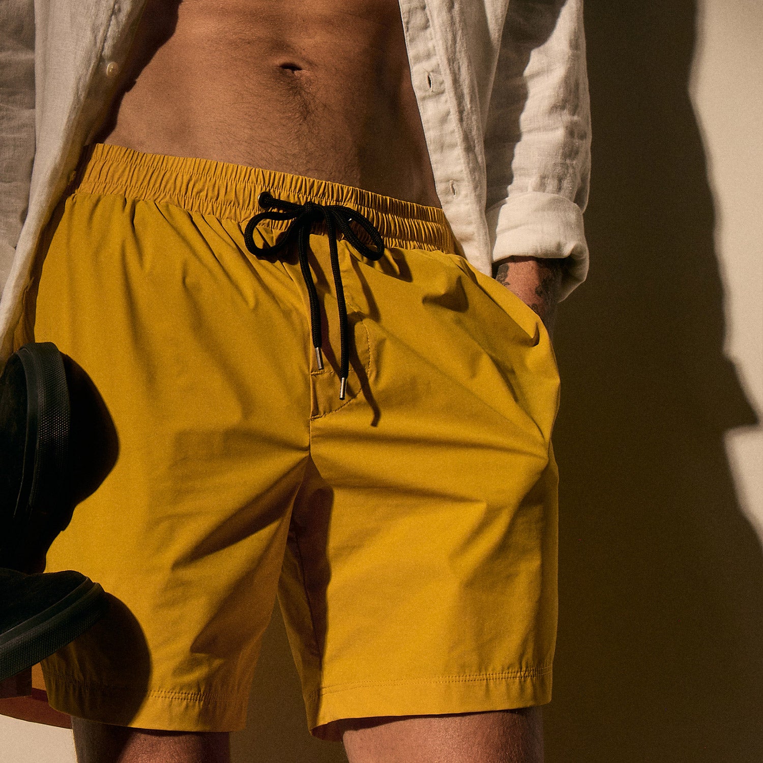 Men's Stretch Nylon Split Hem Boardshorts - Quick Dry Swim Trunks for Surfing, Swimming & Beach Vacations | Crocus Yellow