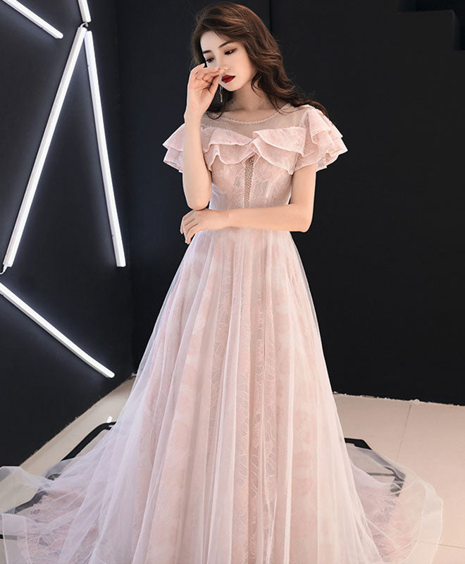 Elegant Pink Round Neck Tulle Lace Long Prom Dress for Women - Formal Evening Gown for Homecoming, Wedding, Party & Special Occasions