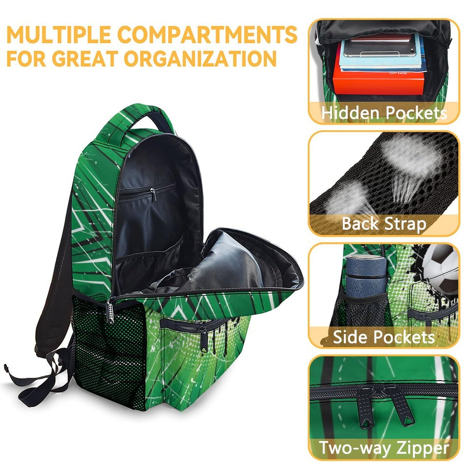 **16 Inch Soccer Backpack for Boys - Lightweight School Bookbag with Soccer Print, Green - Perfect for Sports, School & Travel**