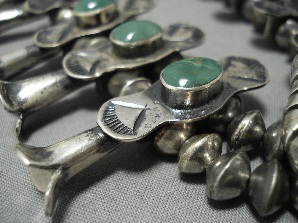 Vintage 1940s Navajo Sterling Silver Squash Blossom Necklace with Green Turquoise - Authentic Native American Jewelry for Women, Boho Fashion Accessory, Wedding Gift & Southwest Style Statement