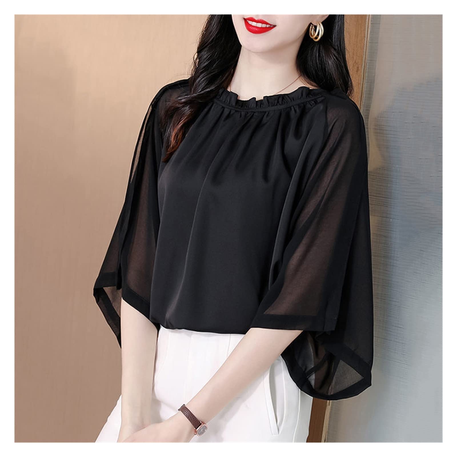 Elegant Ruffled Neck Solid Color Batwing Sleeve Oversized Chiffon Shirt - Loose Casual Summer Tops for Women (Black, Size L) | Perfect for Office Wear, Date Nights & Summer Outings
