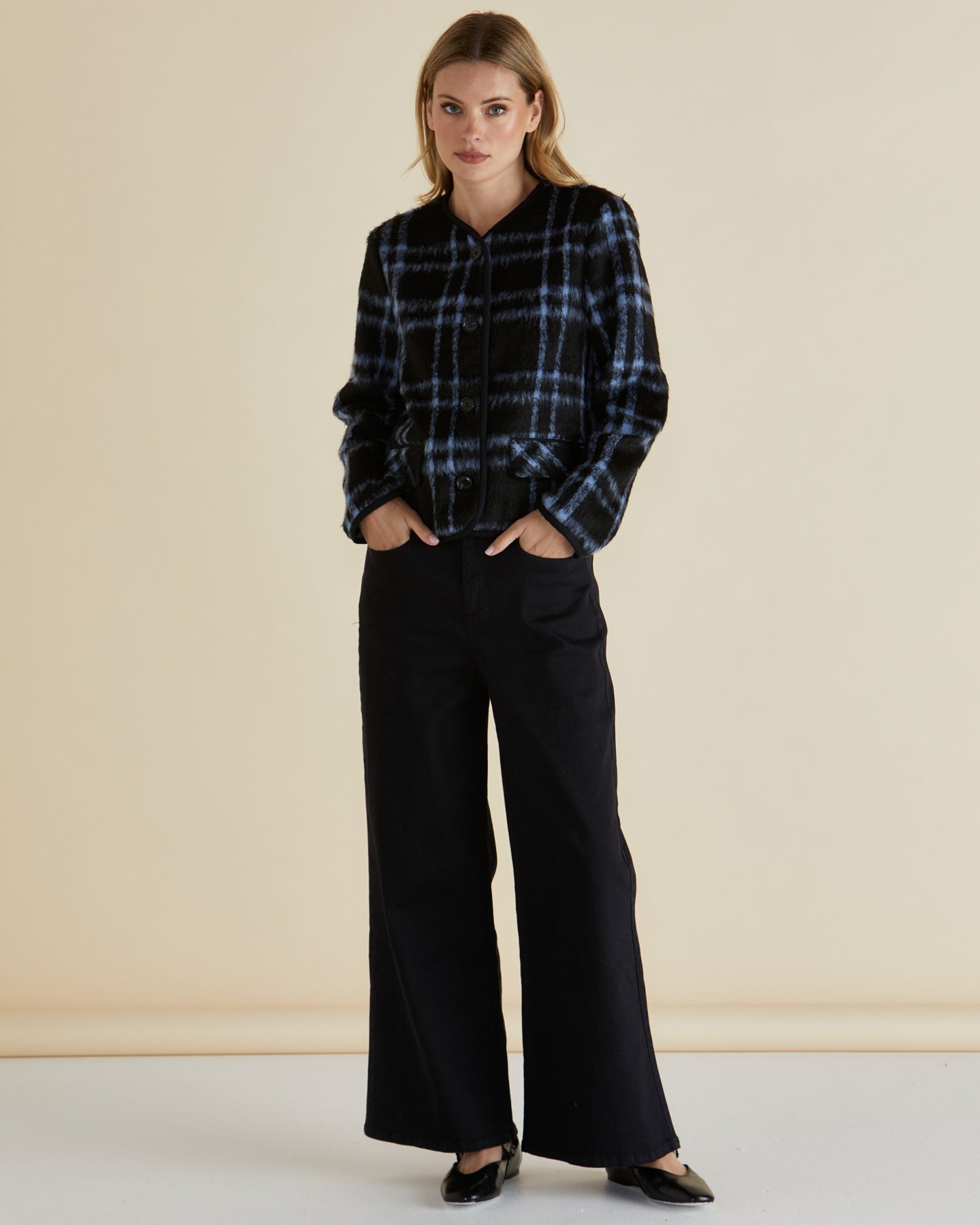 Betty Basics Charlie Check Jacket - Blue Plaid Coat for Women | Casual Outerwear for Fall & Winter | Perfect for Office, Dating & Travel