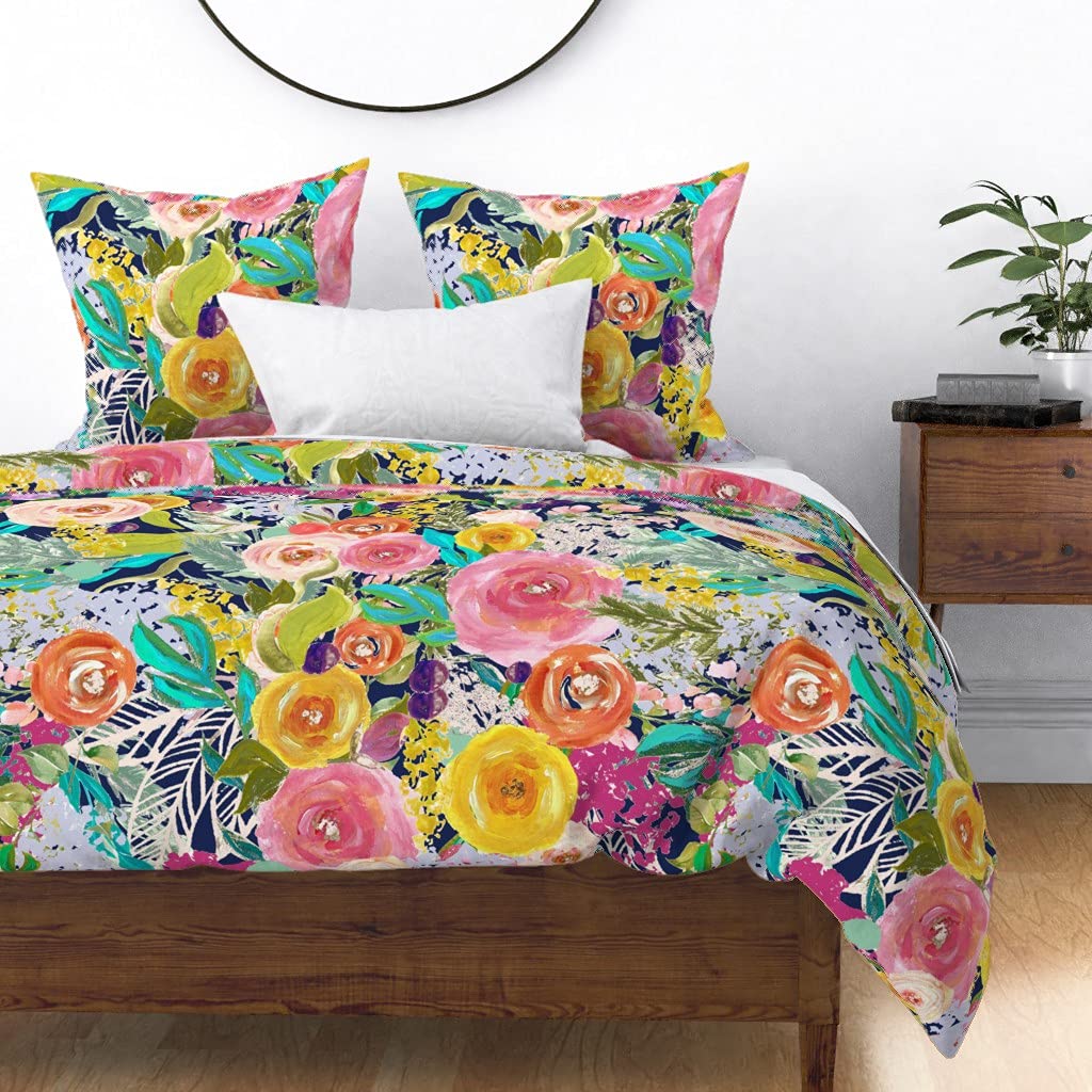 Bright Floral Navy Autumn Blooms Cotton Sateen Duvet Cover Full/Queen - Vibrant Painted Flowers Large Scale Print Custom Bedding for Cozy Bedroom Decor
