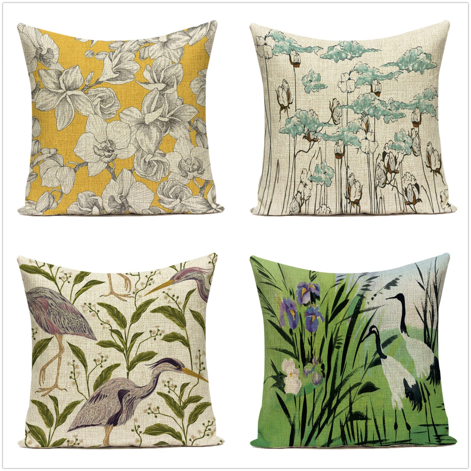 Vibrant Floral Pillow Covers 16x16 Inch Set of 4 - Reversible Linen Square Throw Pillow Covers for Outdoor & Indoor Use - Decorative Couch, Sofa, Bedroom & Living Room Accent Pillows with Hidden Zipper - Perfect for Spring Decor, Patio Furniture & Cozy Home Styling