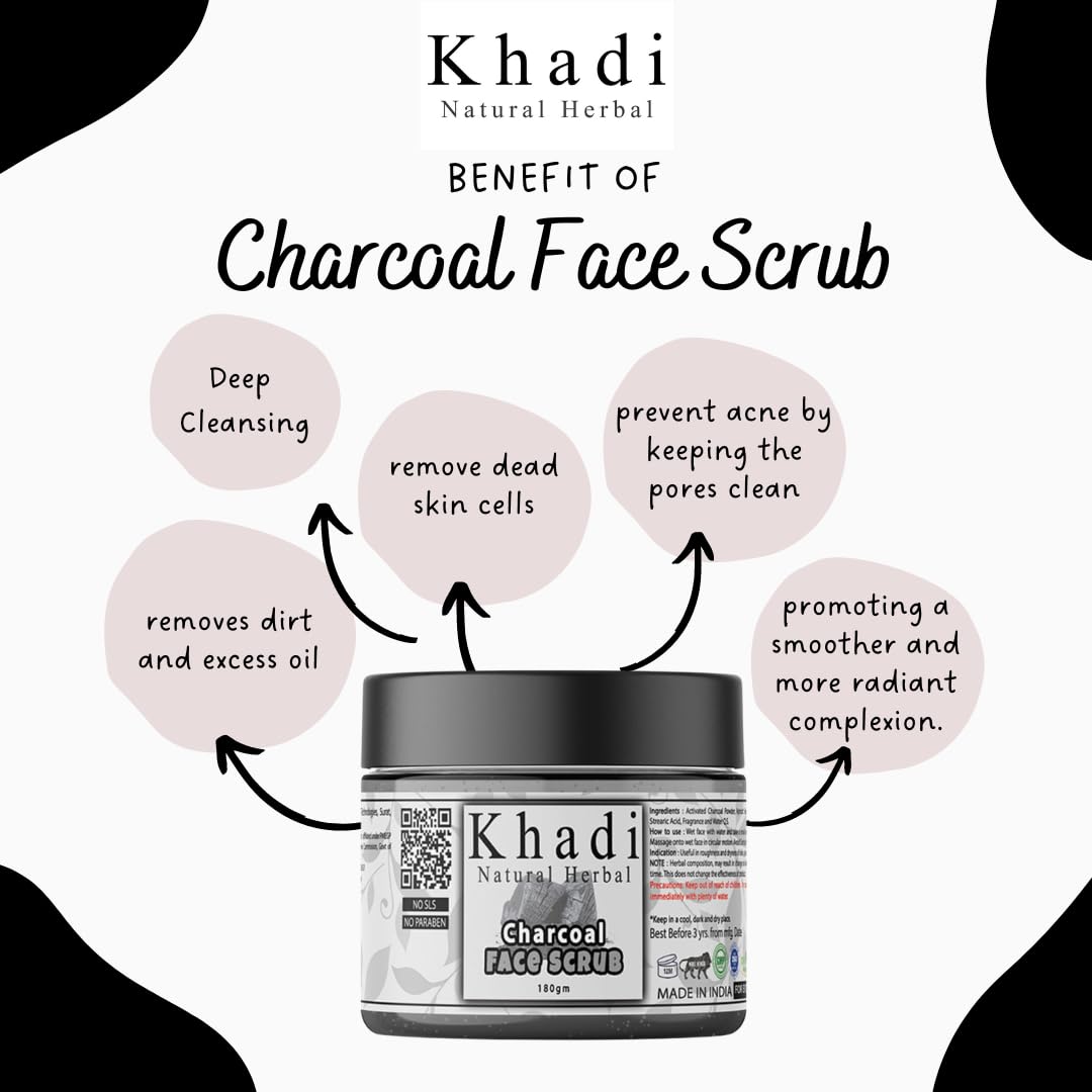Khadi Natural Herbal Charcoal Face Scrub for Women & Men - Deep Cleansing, Anti-Acne, Blackhead Removal & Exfoliating | Tan Removal & Glowing Skin Treatment | 180GM Pack | Perfect for Daily Skincare & Spa Days