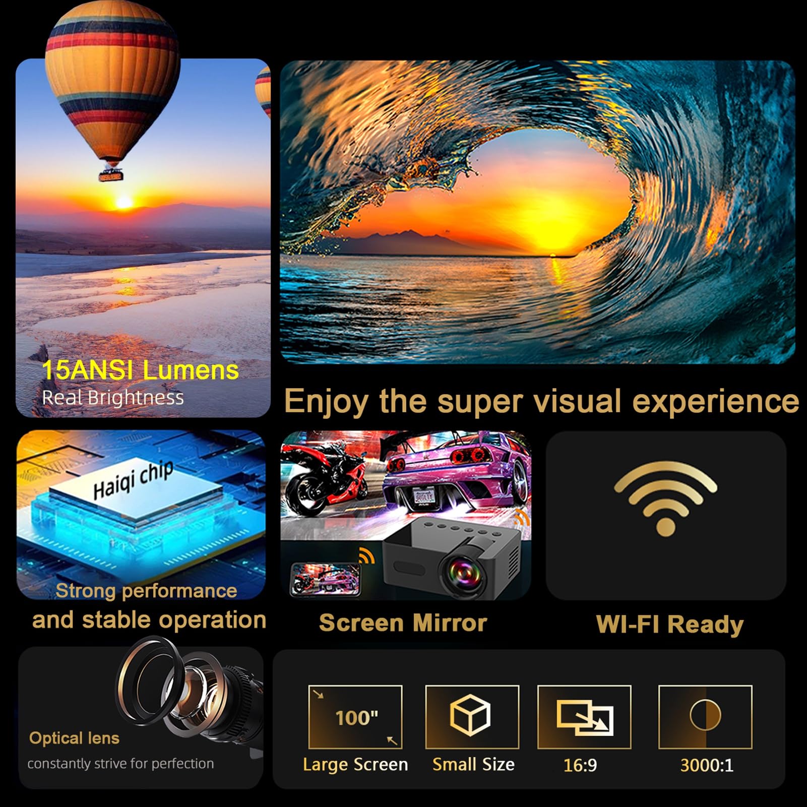 Hislaves Mini Projector - 1080P HD Portable Wireless Projector with Eye Protection for Home Theater, Bedroom, Outdoor Movies | Indoor & Outdoor Use for Camping, Backyard Parties, and Family Entertainment (Black)