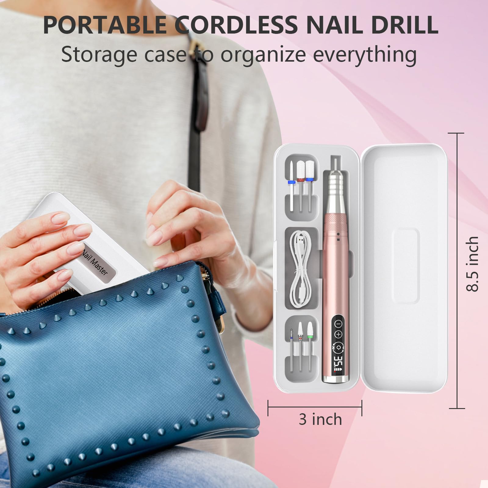 Kredioo 35000RPM Cordless Electric Nail Drill Kit - Rechargeable Portable Nail File with Ceramic Bits & Travel Case for Acrylic, Dip Powder, Gel Polish Removal | Perfect for Home Manicures & Salon Professionals