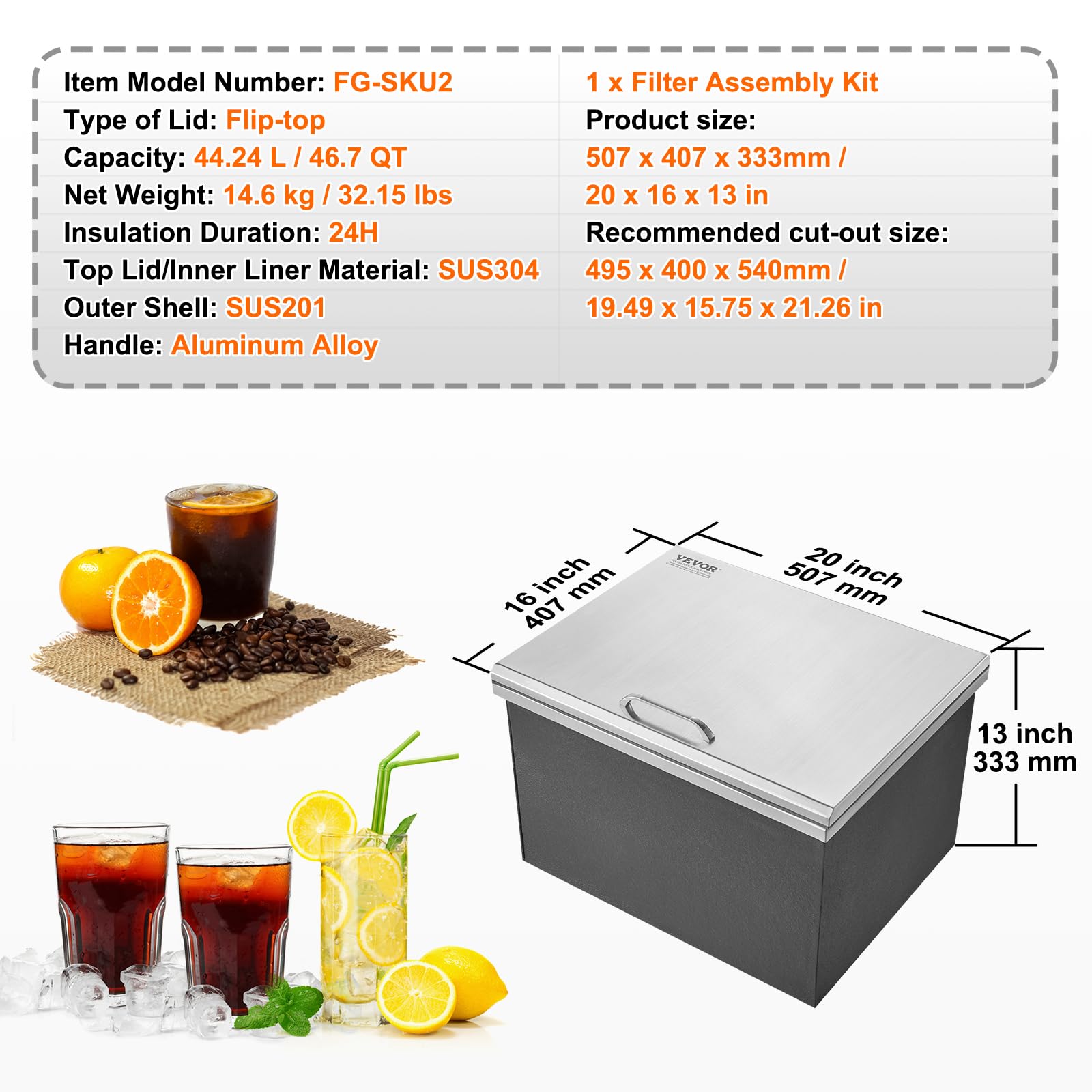 VEVOR 40 Quart Stainless Steel Drop-In Ice Chest Cooler - 20
