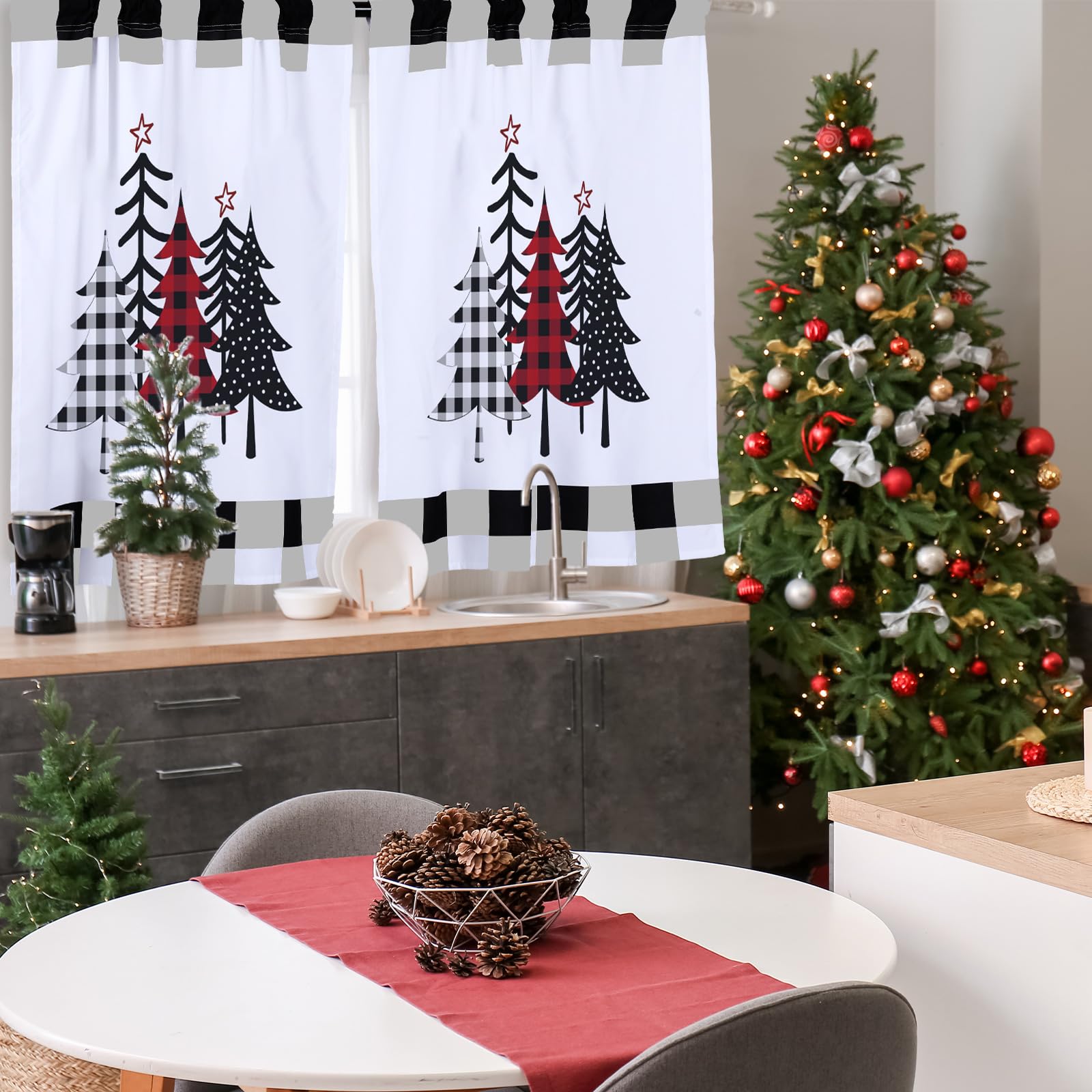 Ganeen 3-Piece Christmas Kitchen Curtain Set - Buffalo Plaid Black & White Tier Curtains with Valance | Farmhouse Holiday Decor | Perfect for Kitchen Windows, Dining Room & Christmas Home Decoration