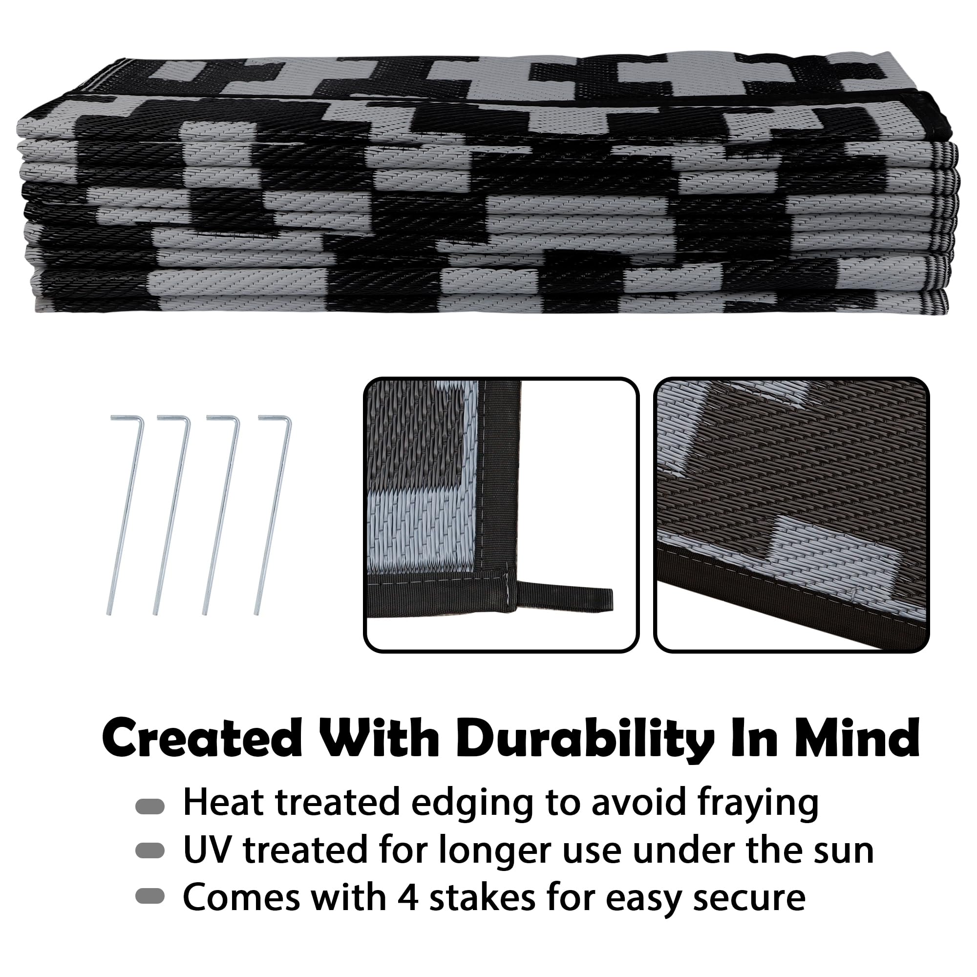 Waterproof Outdoor Rug 9x18 ft - Reversible Plastic Floor Mat for Patio, Deck, Backyard, RV, Beach & Camping - Modern Black Grey Lattice Design - Durable All-Weather Rug for Picnics, Poolside & Outdoor Entertaining