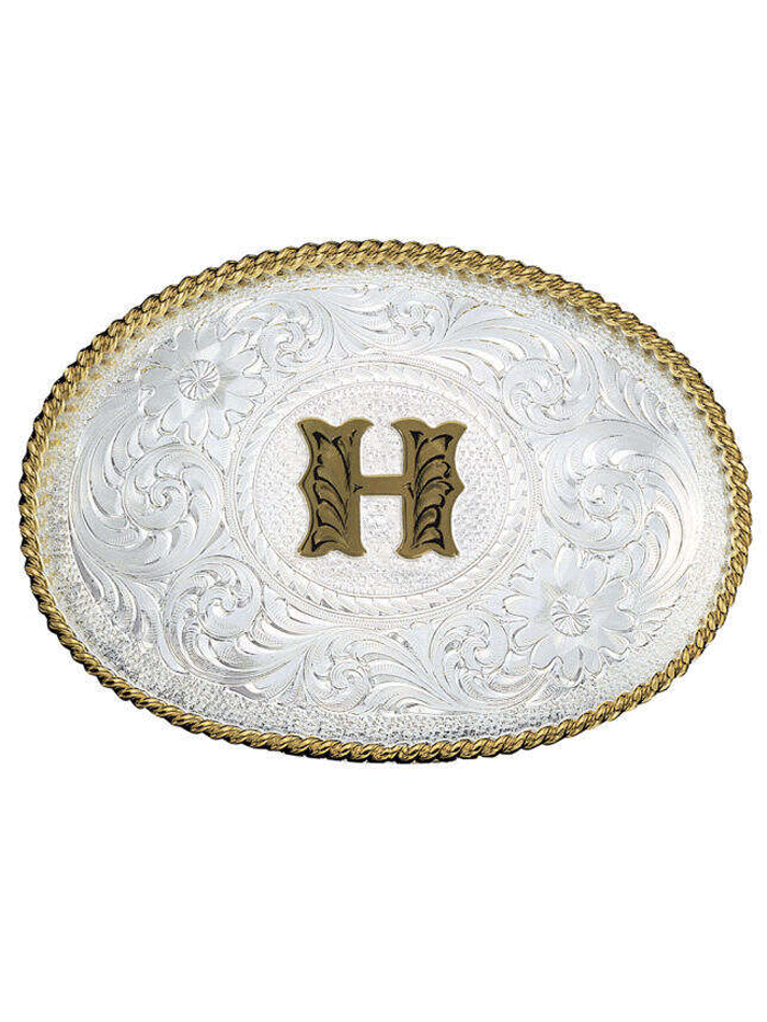 Montana Silversmiths 700 Initial Silver Engraved Gold Trim Western Belt Buckle for Men & Women - Perfect for Cowboy Boots, Jeans & Western Outfits