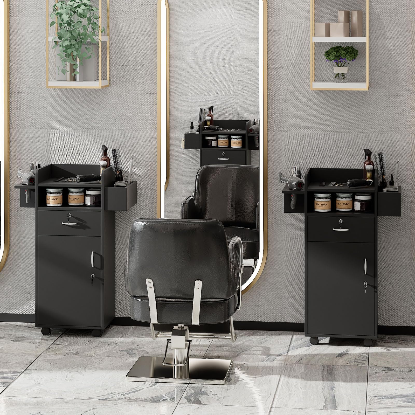 Professional Salon Station Cart with Locking Drawers & 3 Tool Holsters - Versatile Mobile Storage Trolley for Hair Stylists, Home Salons & Spas (15.7