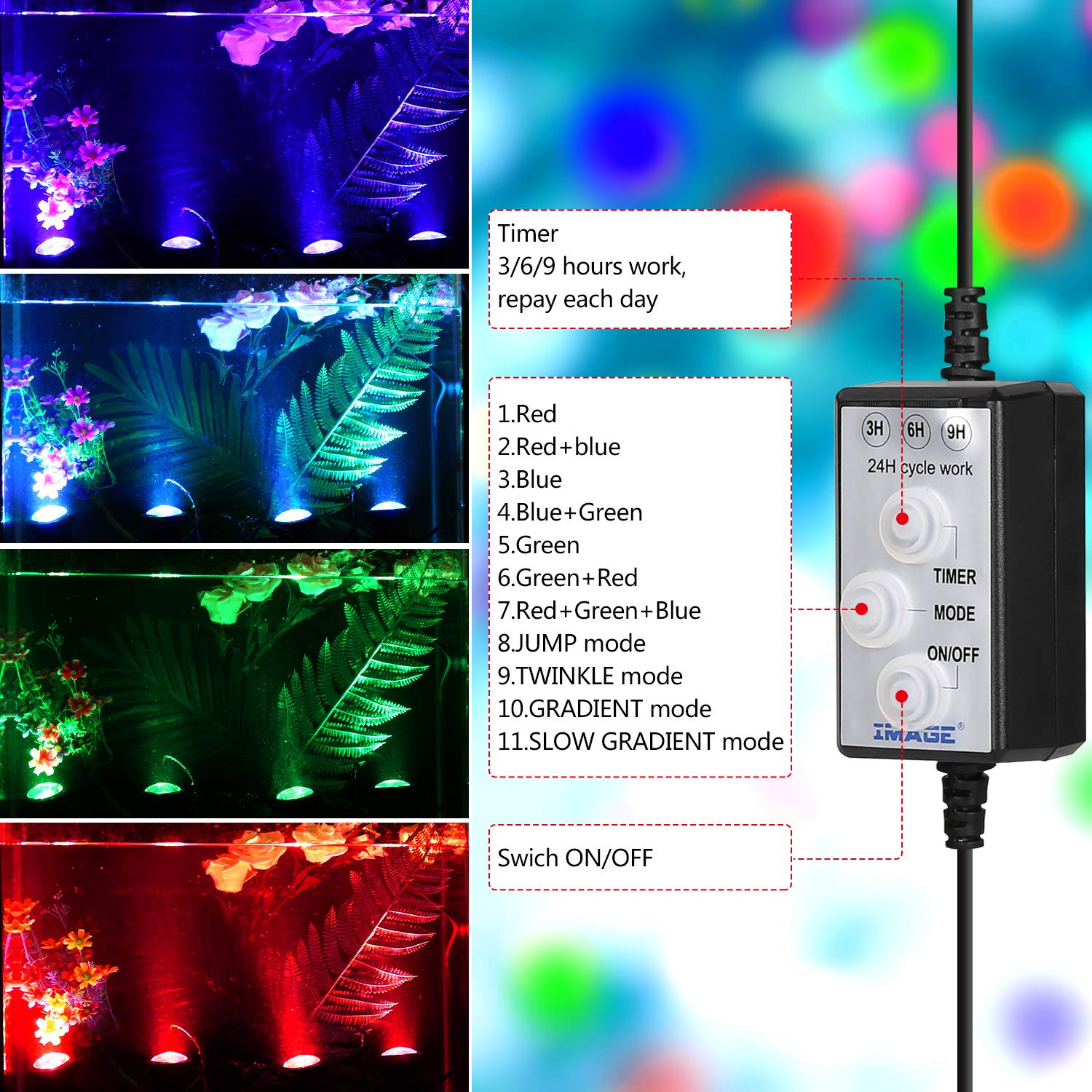 IMAGE Pond Lights - IP68 Waterproof Submersible LED Lights with 48 Multicolor Bulbs & Timer - Perfect for Pools, Fish Tanks, Fountains & Outdoor Water Features | Create Stunning Underwater Lighting Effects