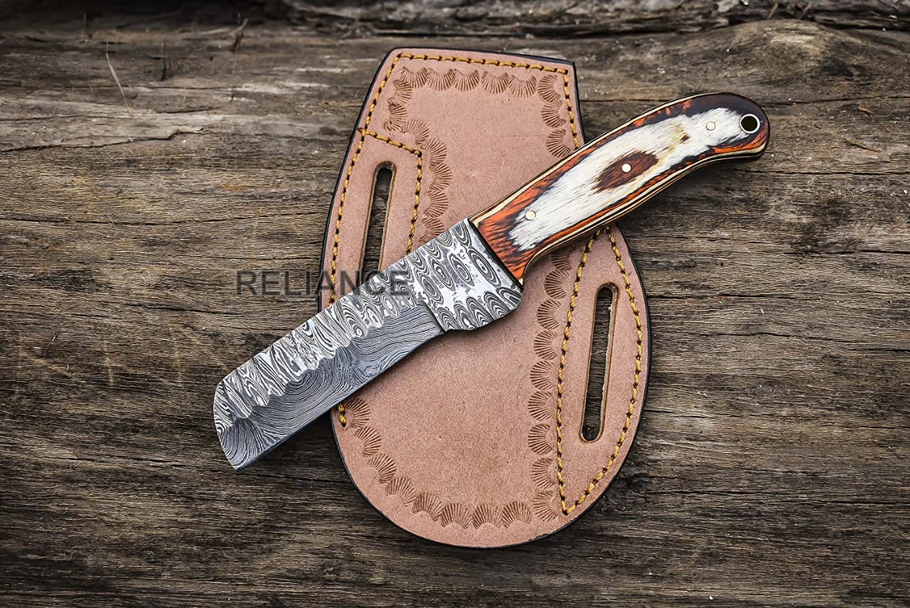 Premium Wanowa Cowboy Bull Cutter Knife - Hand Forged Damascus Steel EDC Pocket Knife with Leather Sheath - Perfect for Hunting, Camping & Outdoor Adventures
