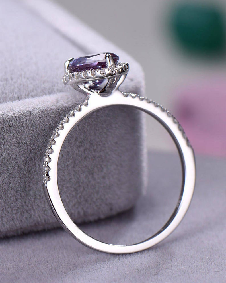 Pear Moss Agate White Gold Diamond Engagement Ring - Vintage Halo Style for Wedding Proposal & Anniversary Gift