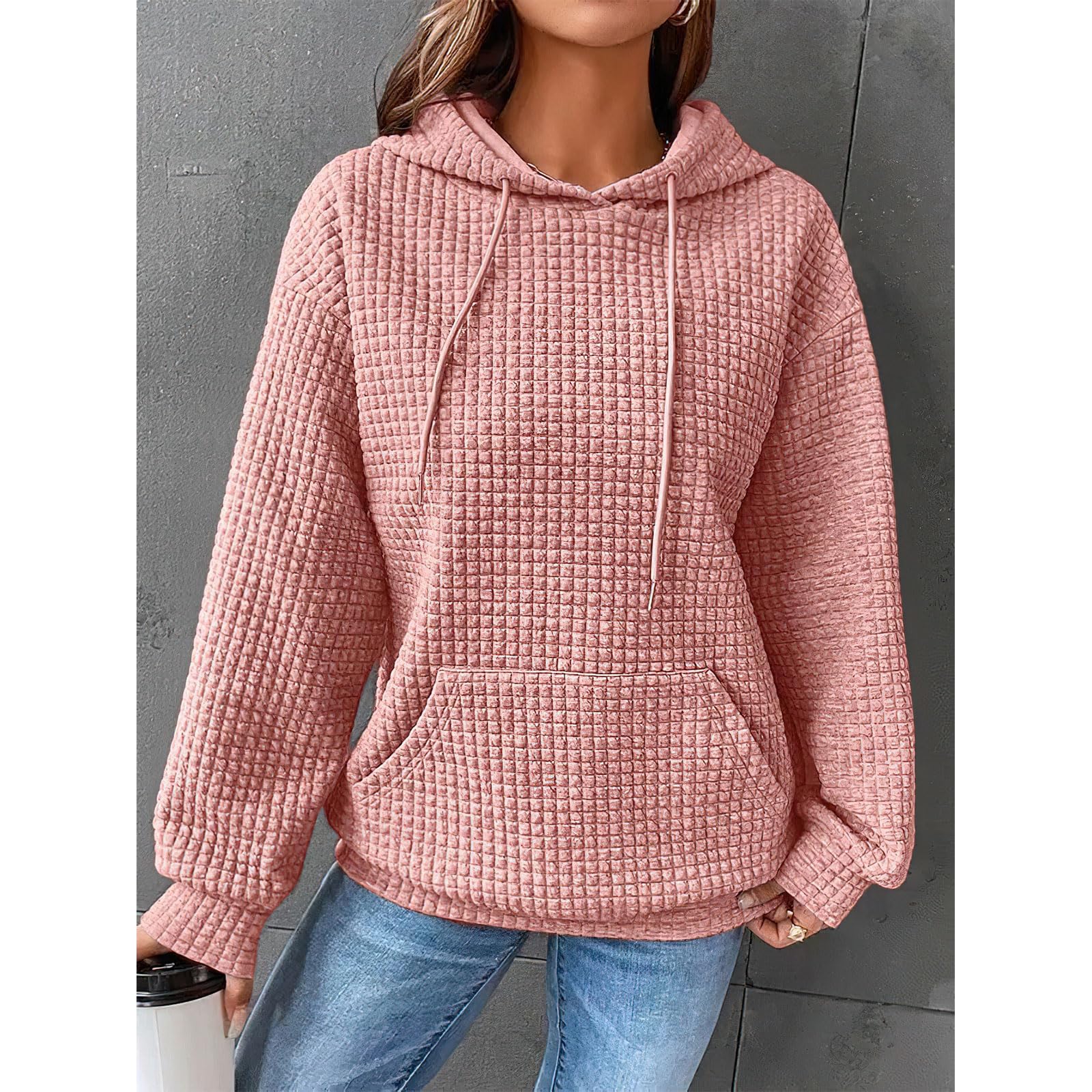 Women's Oversized Hoodie - Soft Waffle Knit Long Sleeve Pullover Sweatshirt with Kangaroo Pocket | Casual Loungewear, Streetwear Fashion (Pink)