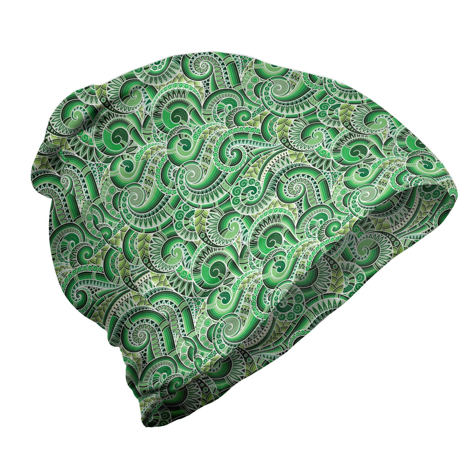 Ambesonne Unisex Beanie - Classic Retro Green Swirls Design for Men & Women - Warm Winter Knit Hat for Hiking, Outdoor Activities & Casual Wear