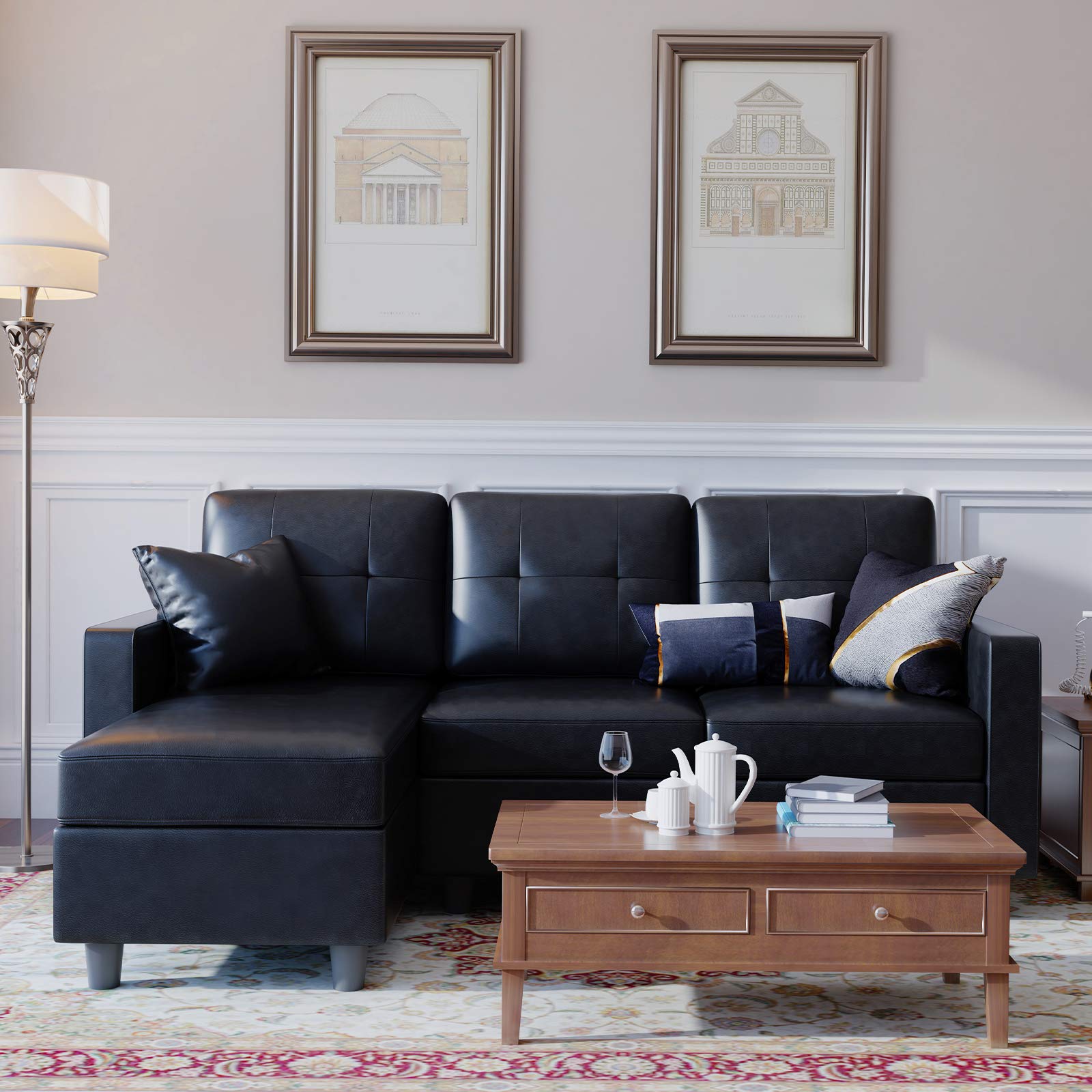 HONBAY Convertible L-Shaped Faux Leather Sectional Sofa for Small Spaces - Black | Modern Living Room Furniture for Apartments & Condos