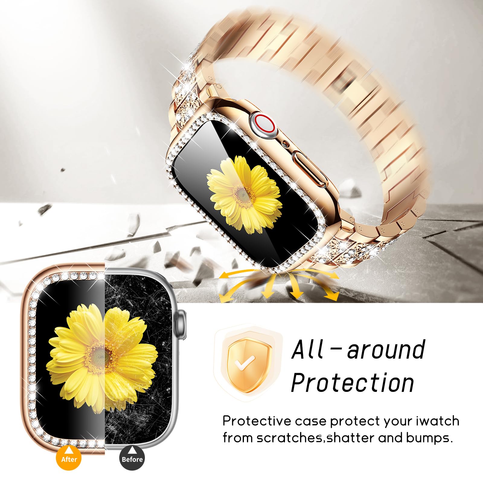 Premium Apple Watch Band with Screen Protector Case - Compatible with iWatch Series 10/9/8/7/6/5/4/3/2/1/SE (38mm/40mm/41mm/42mm/44mm/45mm/46mm) - 2 Pack Jewelry Replacement Bands for Women - Perfect for Workouts, Office Wear & Everyday Fashion Accessory