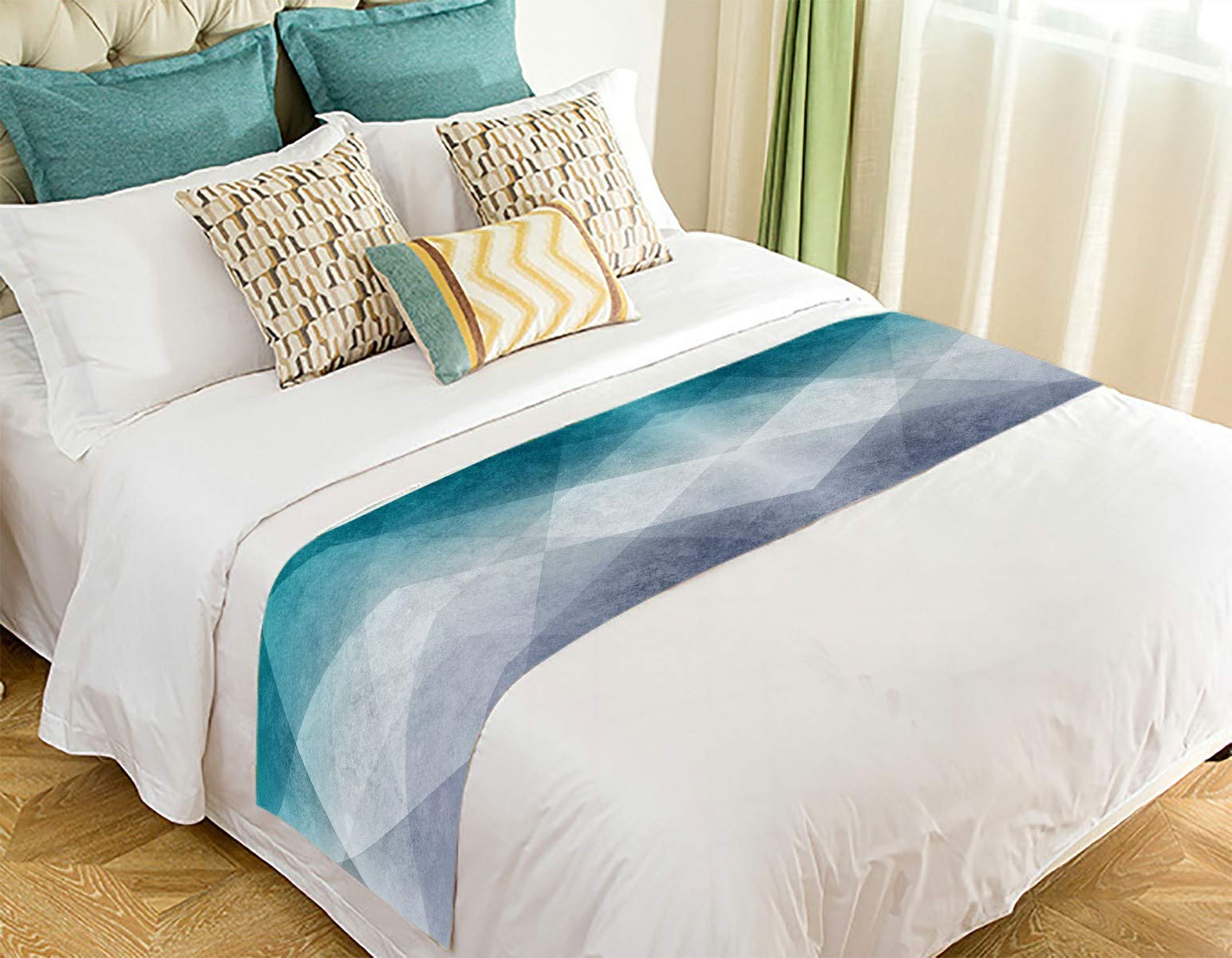 ECZJNT Teal Blue White Pattern Blocks Diagonal Lines Bed Runner - 20x95 Inch Decorative Bed Scarf for Queen King Size Beds - Perfect for Bedroom Decor, Guest Room Styling & Hotel Room Accents
