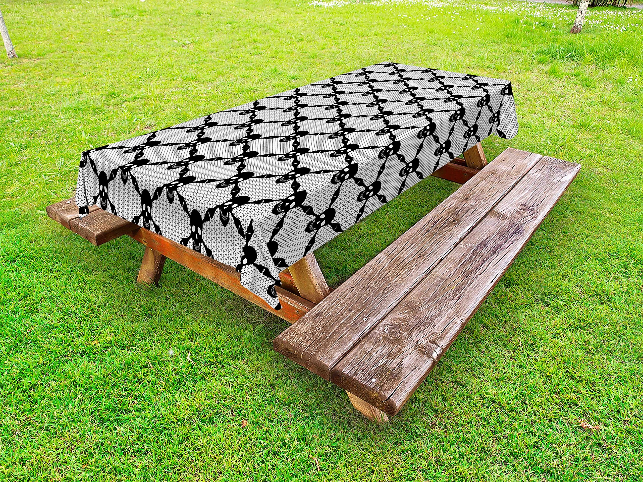 Ambesonne Gothic Halloween Tablecloth - Spooky Black Skulls & Skeleton Bones Checkered Pattern, Washable Outdoor Picnic Table Cover, 58x120 Inches, Black & White - Perfect for Halloween Parties, Horror Themed Events & Gothic Home Decor