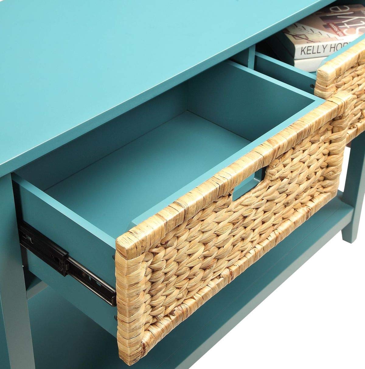 Modern Entryway Console Table with 2 Woven Basket Drawers & Open Shelves - Slim Rectangular Sofa Table for Hallway, Living Room, Staircase | Perfect for Home Decor, Small Space Storage & Entry Organization