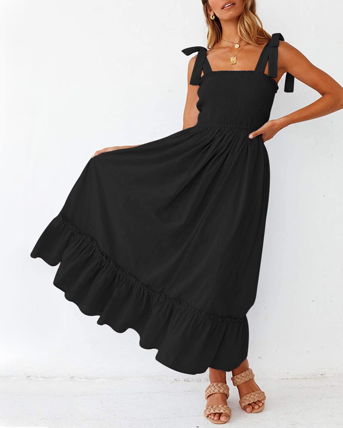 2023 Summer Boho Maxi Ruffle Smocked Dress for Women - Perfect for Beach Vacations, Music Festivals & Casual Outings