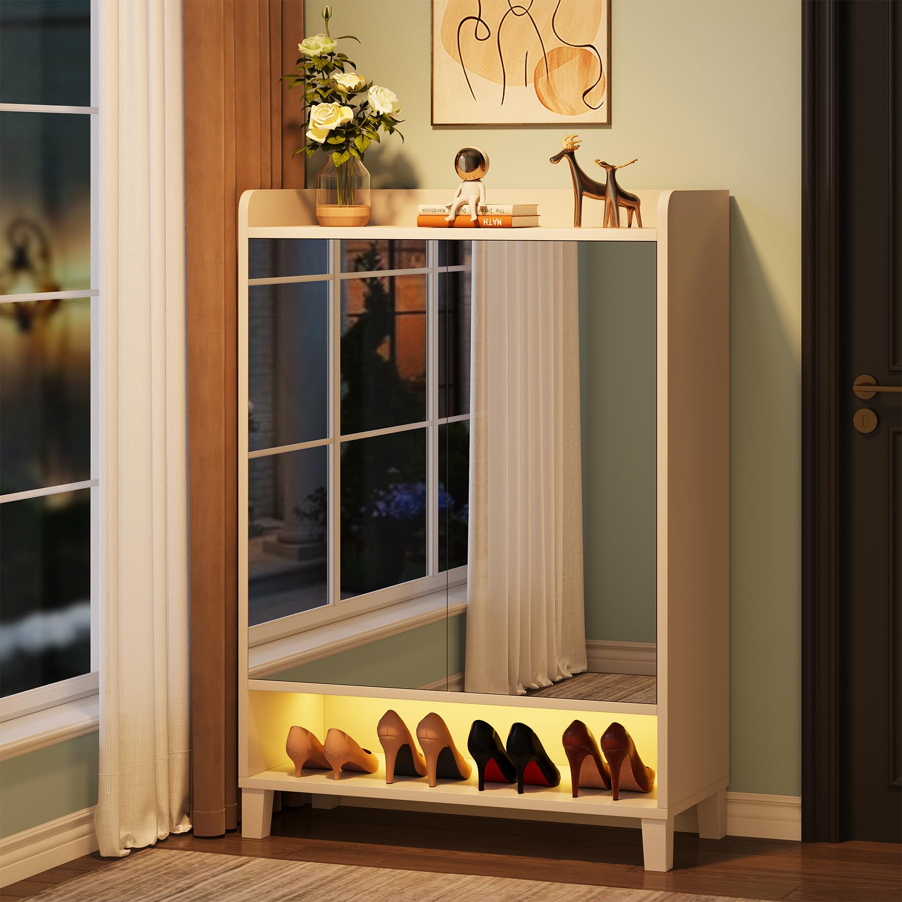 7-Tier Shoe Cabinet with Mirrored Door & LED Light - Adjustable Shelf Freestanding Shoe Storage Organizer for Entryway, Hallway - Modern White Shoe Rack for Home, Apartment, Dorm Organization