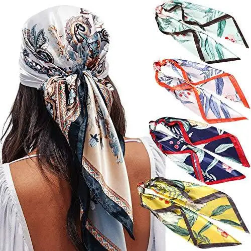4 Pack Stylish Square Scarves - Fashionable Hair Accessories & Neck Scarves for Women - Perfect for Casual Outfits, Office Wear, and Special Occasions