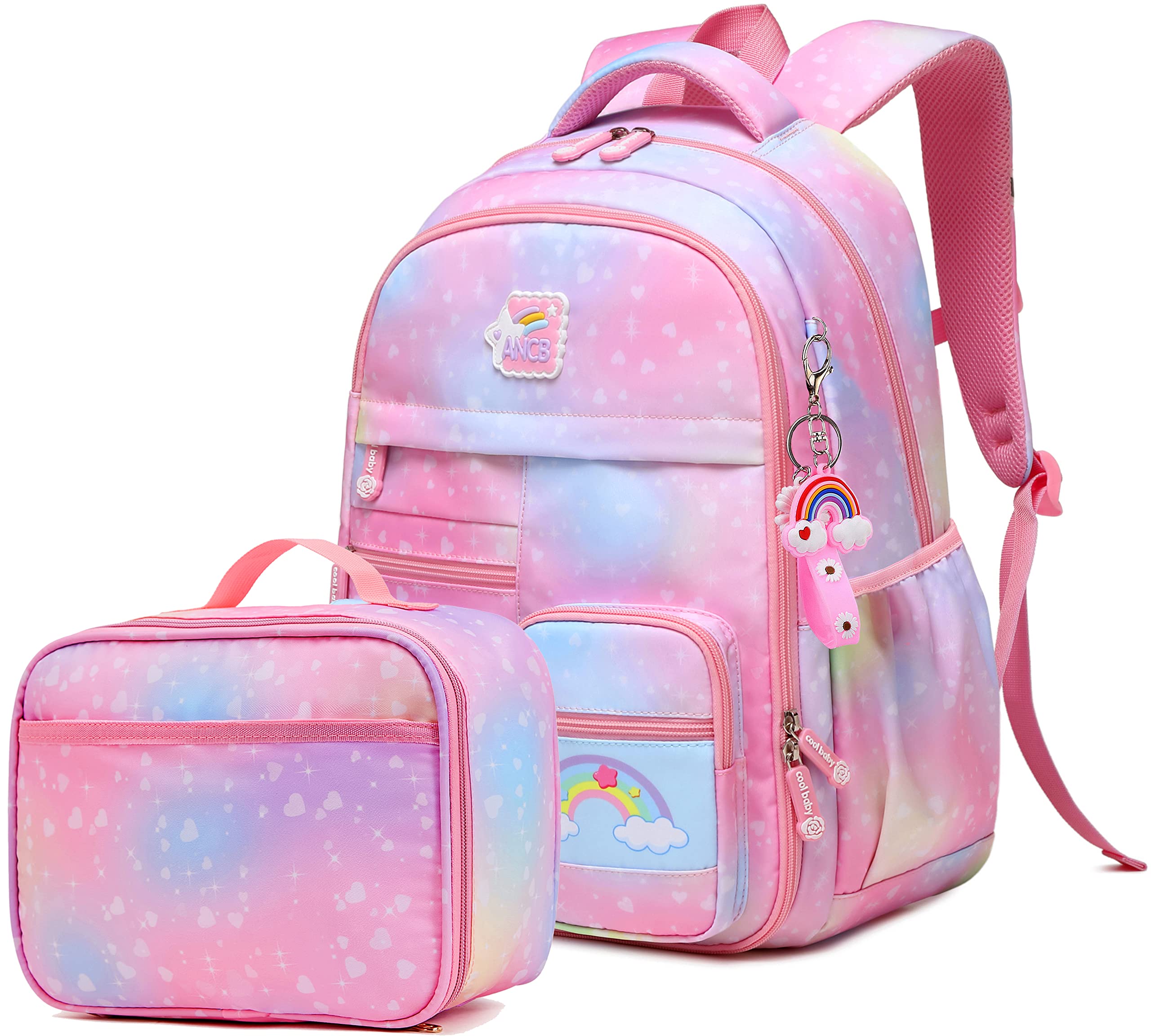 **Wraifa Girls Backpack with Lunch Box Set - Cute Rainbow Princess Bookbag for Elementary School, Lightweight & Durable Heart Pink School Bag for Kids | Perfect for School, Travel & Daily Use**