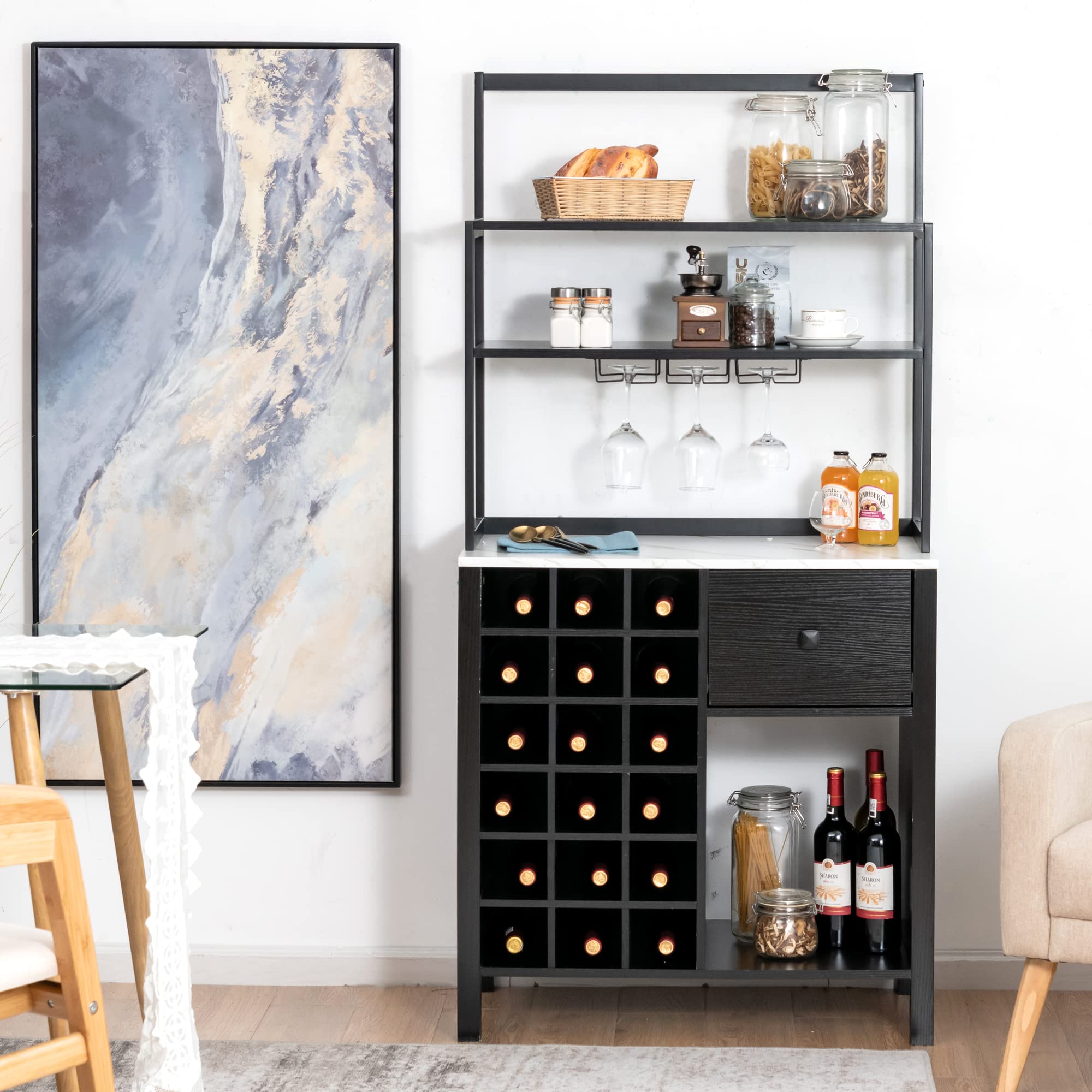 LOKO Bar Cabinet - Wine Storage Cabinet with Detachable Glass Holder & Racks, Kitchen Bakers Rack with Wine Rack, 31