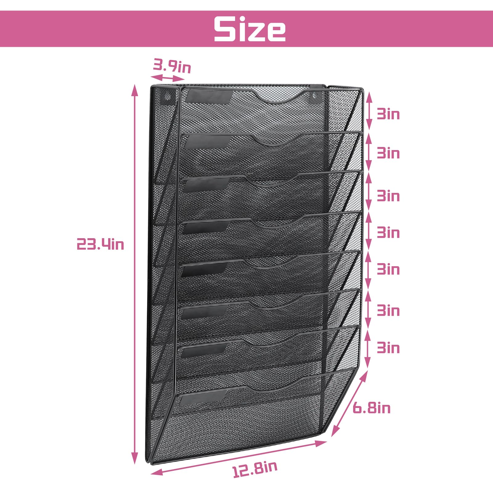 8-Pocket Mesh Wall File Organizer - Hanging File Folder & Magazine Rack with Nametag Hooks - Office & Home Storage Solution (Black) | Perfect for Wall-Mounted Document Organization in Offices, Classrooms & Home Offices