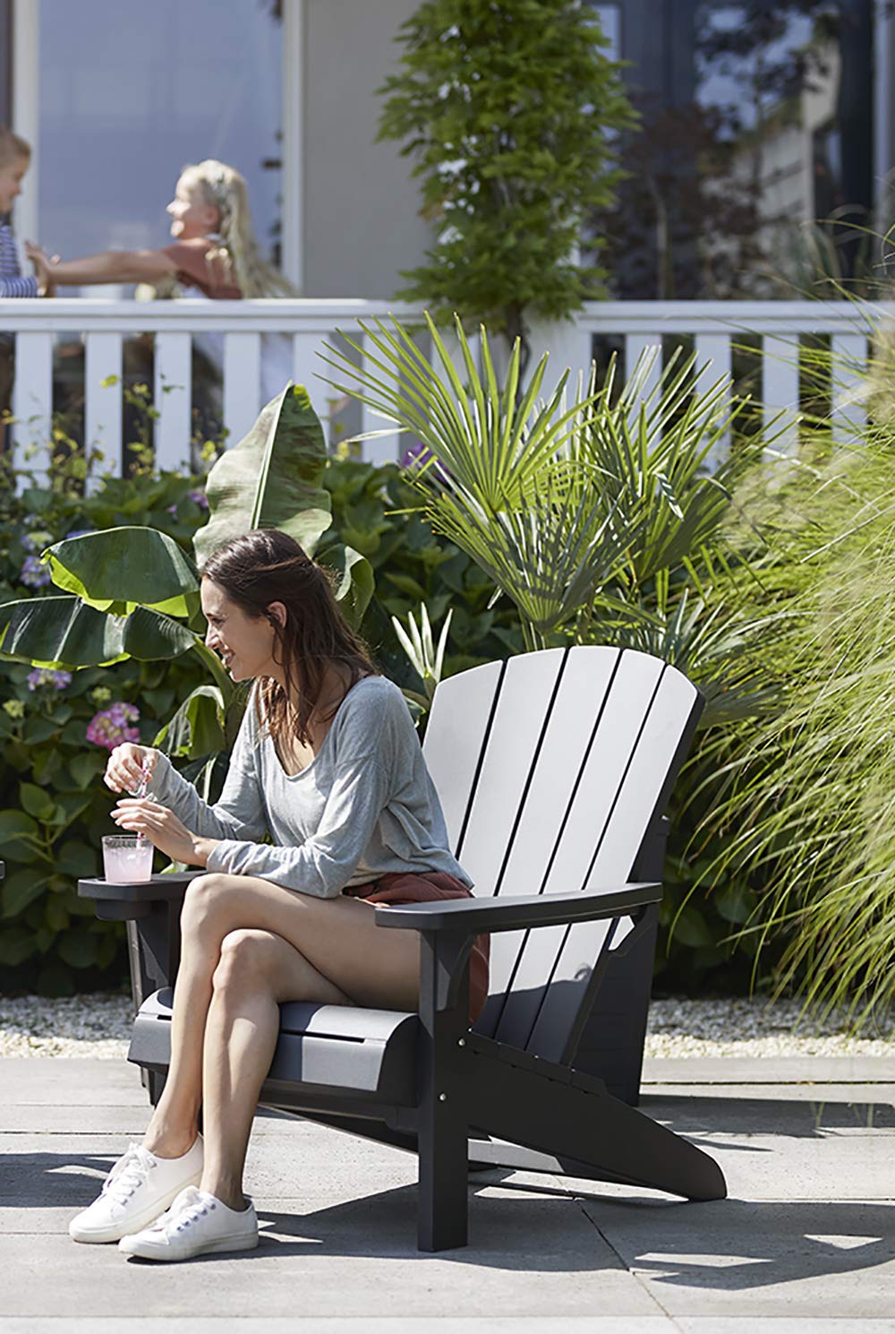 Keter Alpine Adirondack Resin Outdoor Patio Chairs with Cup Holder - Weather-Resistant Plastic Garden Furniture Set for Beach, Poolside, Fire Pit, Deck & Backyard Relaxation (Grey)