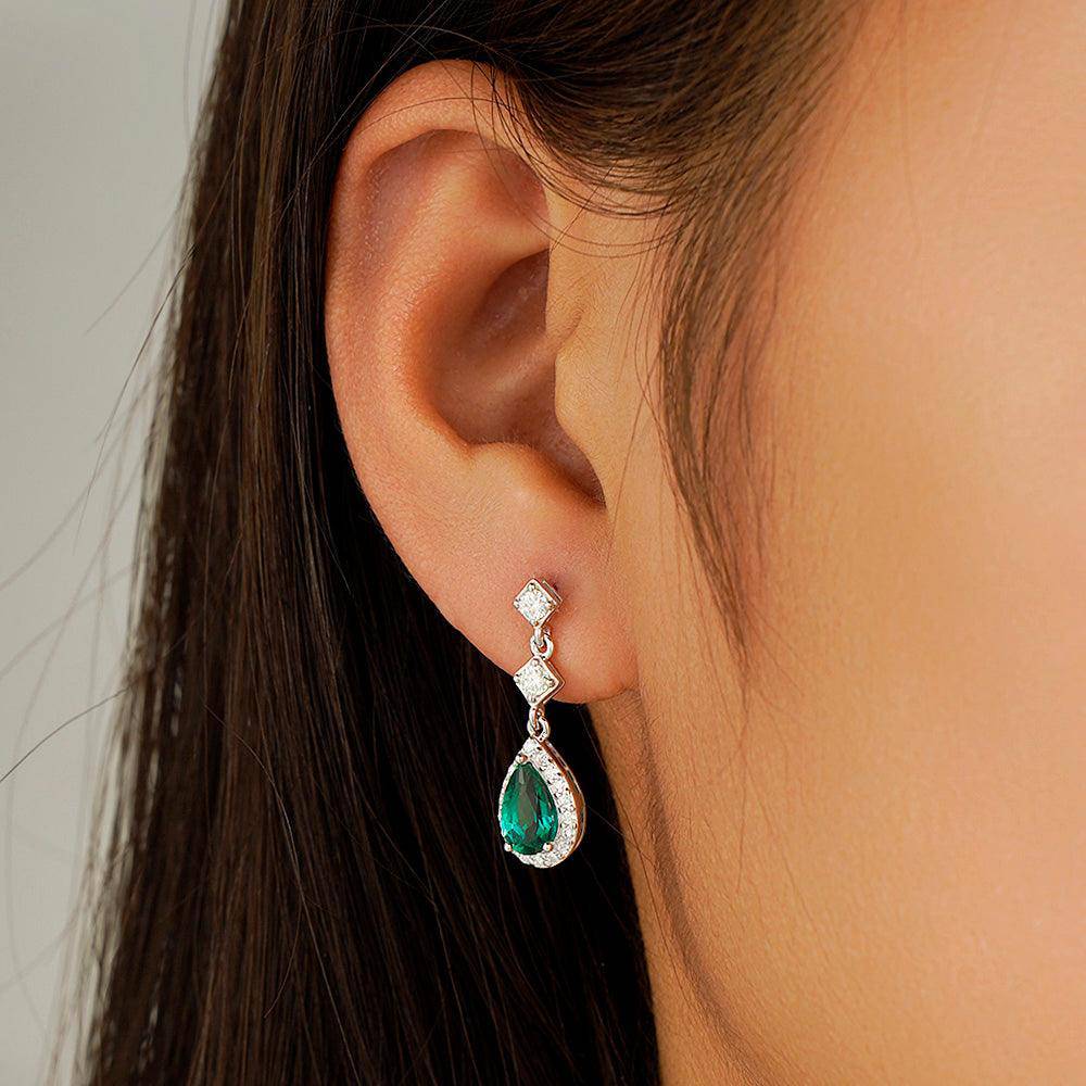 1.24 CT Pear Emerald Drop Earrings with Pavé Halo - Elegant Green Gemstone Jewelry for Women, Perfect for Weddings, Parties & Special Occasions