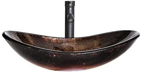 YOURLITE Boat-Shaped Artistic Glass Vessel Sink with Oil-Rubbed Bronze Faucet & Pop-Up Drain - Modern Bathroom Vanity Sink for Luxury Homes & Spa Retreats