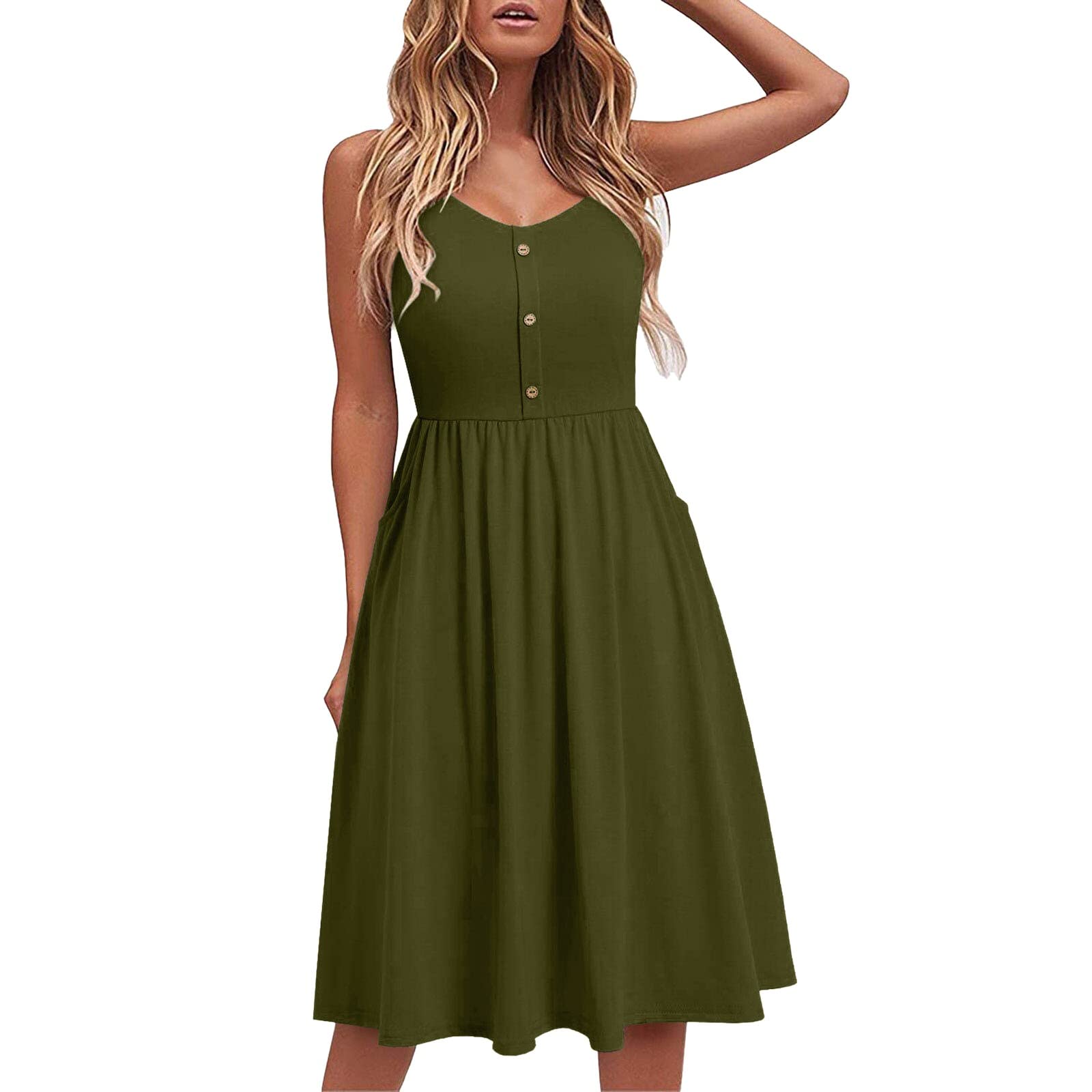 Women's Summer Casual Dress - Solid Color Button V-Neck Strap Loose Fit Elegant Dress | Perfect for Beach Outings, Date Nights & Office Wear