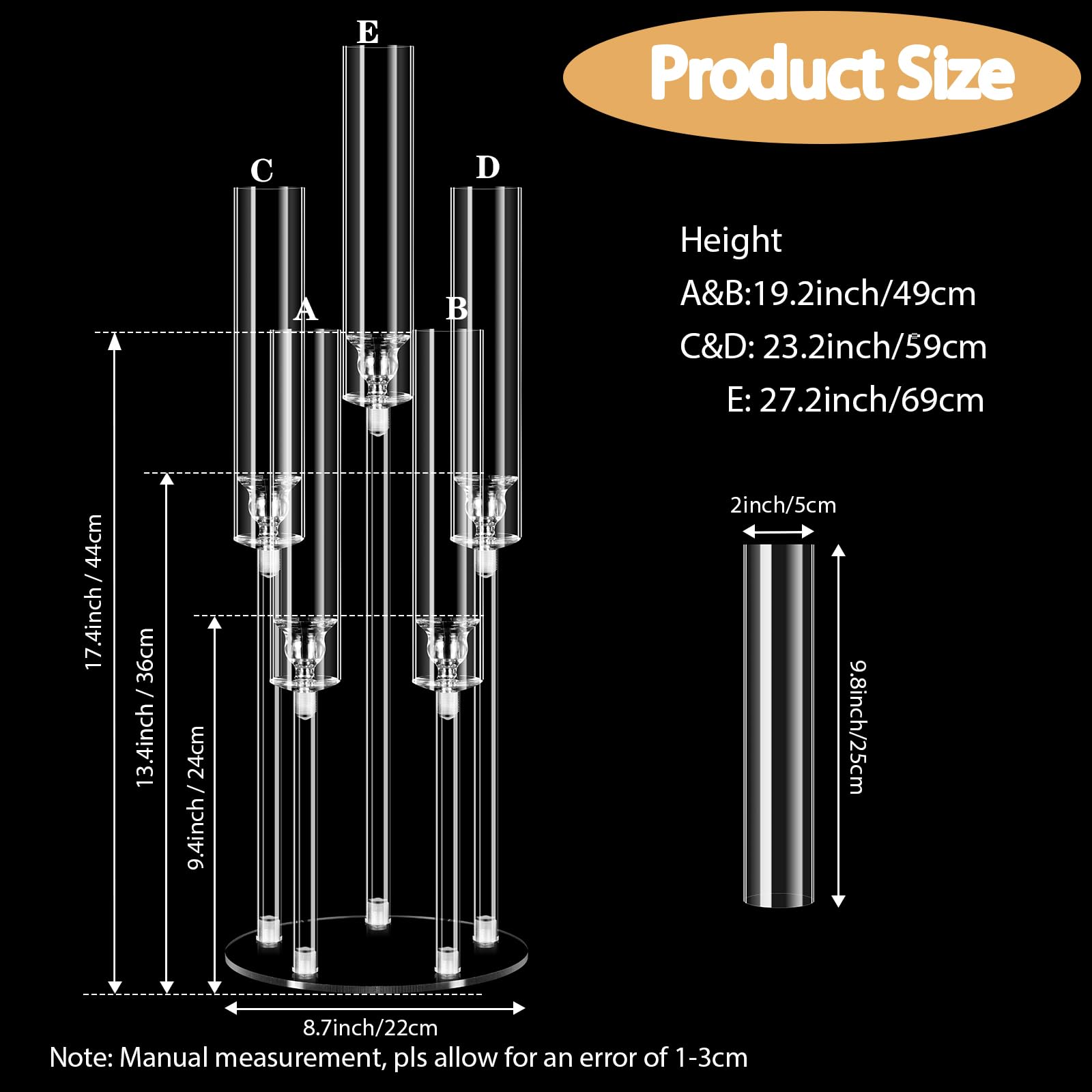 4Pcs Clear Acrylic Candelabra Centerpieces with 5 Arms - Elegant Candlesticks Holder with Lampshade for 0.87