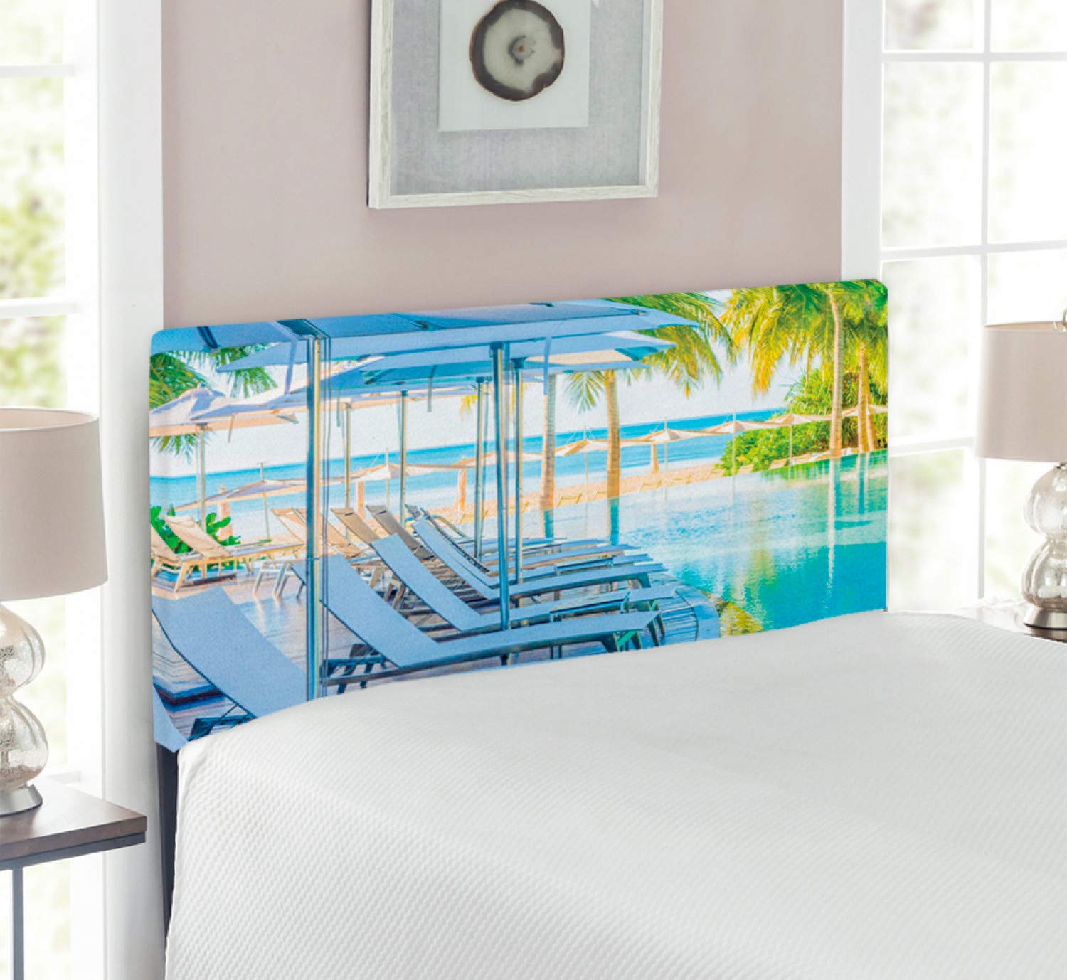 Lunarable Summer Headboard - Tropical Beach Resort Design with Palm Trees & Sunbed, Upholstered Metal Bed Headboard with Memory Foam, Twin Size, White & Blue - Perfect for Beach-Themed Bedrooms, Vacation Rentals & Resort-Style Home Decor