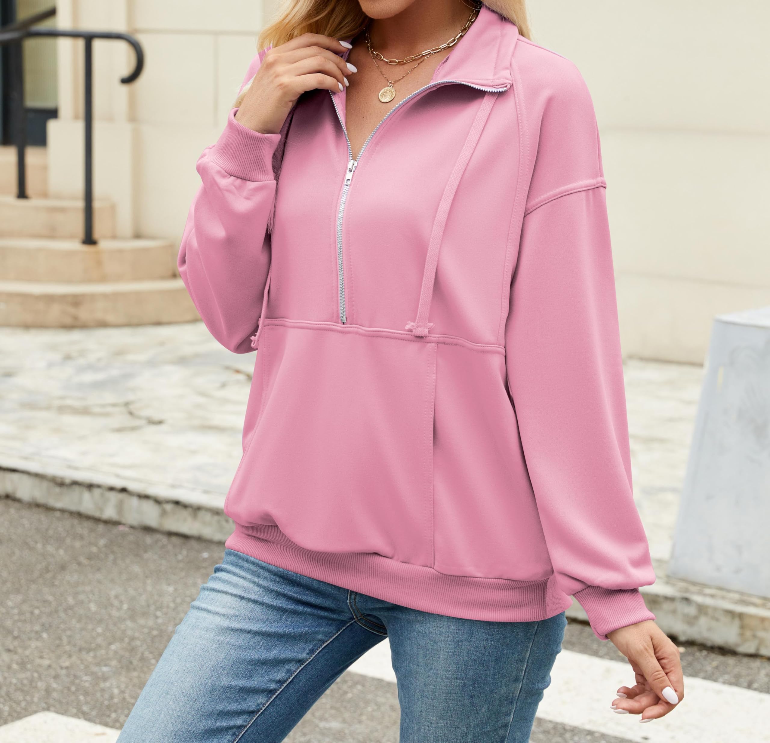 MrKoala Women's Long Sleeve Half Zip Pullover Sweatshirt with Pocket - Casual Loose Fit Fleece Top for Fall & Winter, Gym, Outdoor Activities