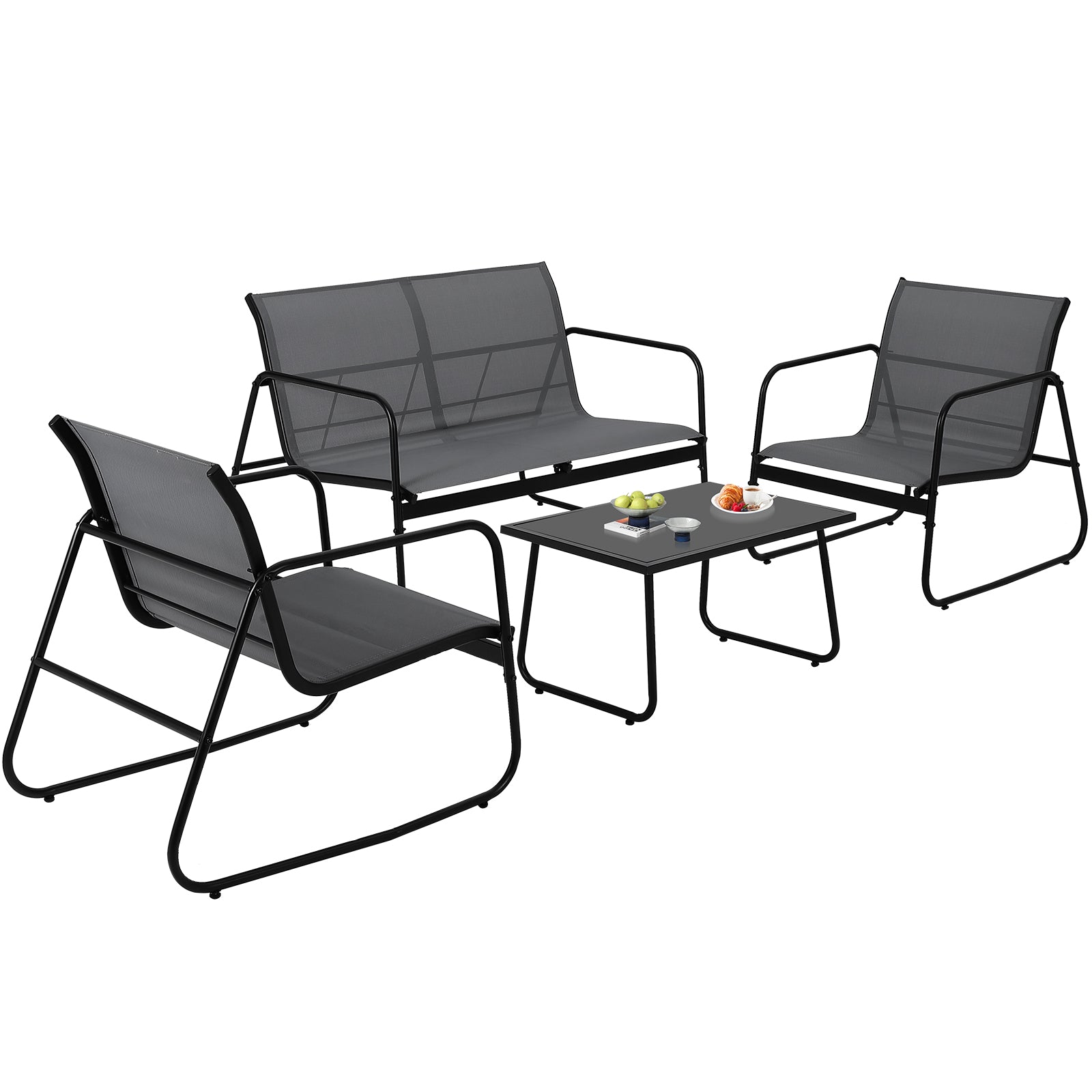 GARVEE 4-Piece Outdoor Patio Furniture Set with Glass Coffee Table - Heathered Grey Fabric & Black Frame - Perfect for Garden, Poolside, Lawn or Backyard Relaxation