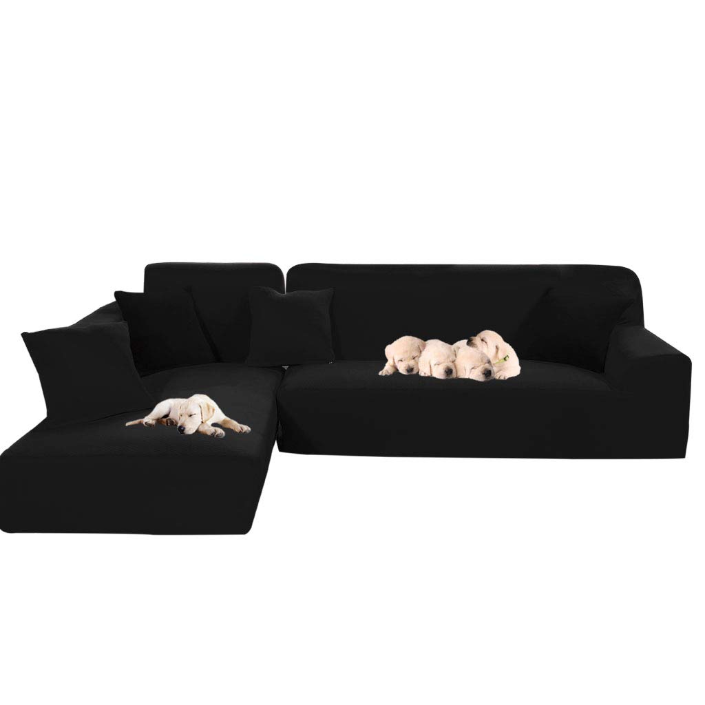 Stretch L-Shaped Sofa Slipcover 2-Piece Set - Sectional Couch Cover for L-Shape Sofa (3 Seater + Large 3 Seater) - Furniture Protector for Living Room - Black - Perfect for Pet Owners & Family Gatherings