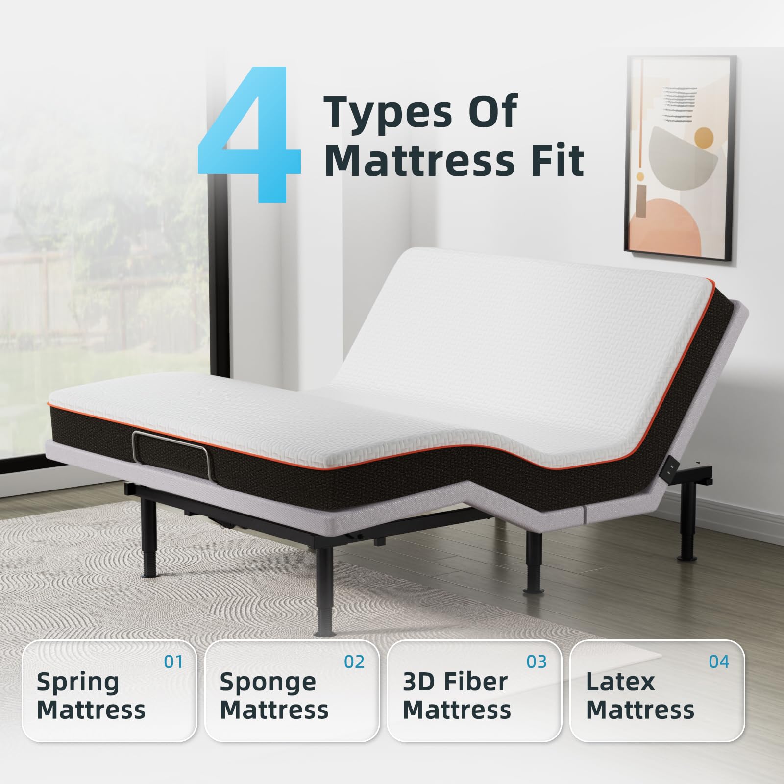 Adjustable Bed Base Frame with Wireless Remote, Lift Motor & Dual USB Ports - Ergonomic Upholstered Design with Under Bed Lighting - Independent Head/Foot Tilt for Ultimate Comfort - Perfect for Home, Office or Guest Room Use
